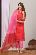 Red Handblock Kota Doria Set with Aari & Sequin Work