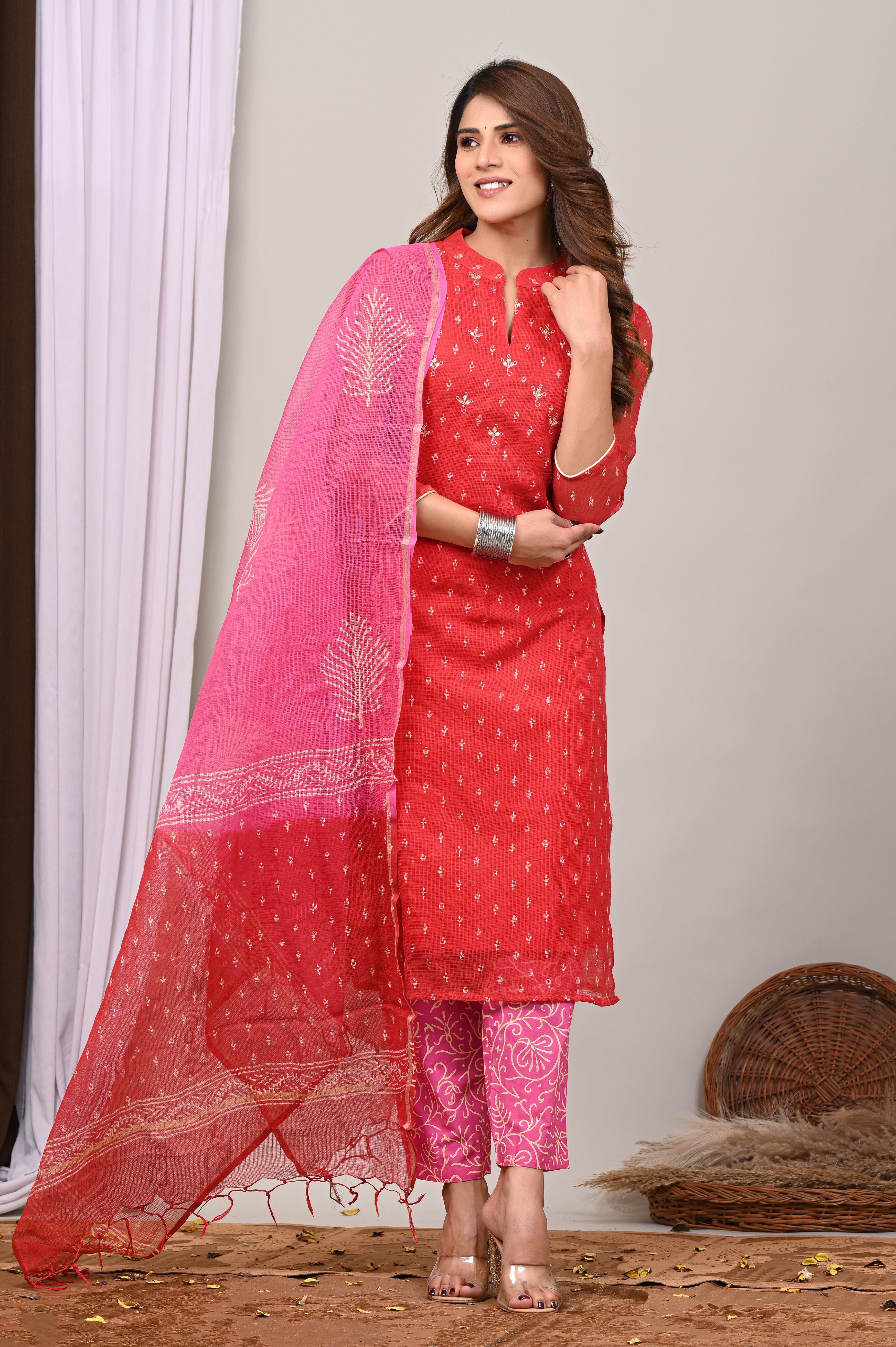 Red Handblock Kota Doria Set with Aari & Sequin Work
