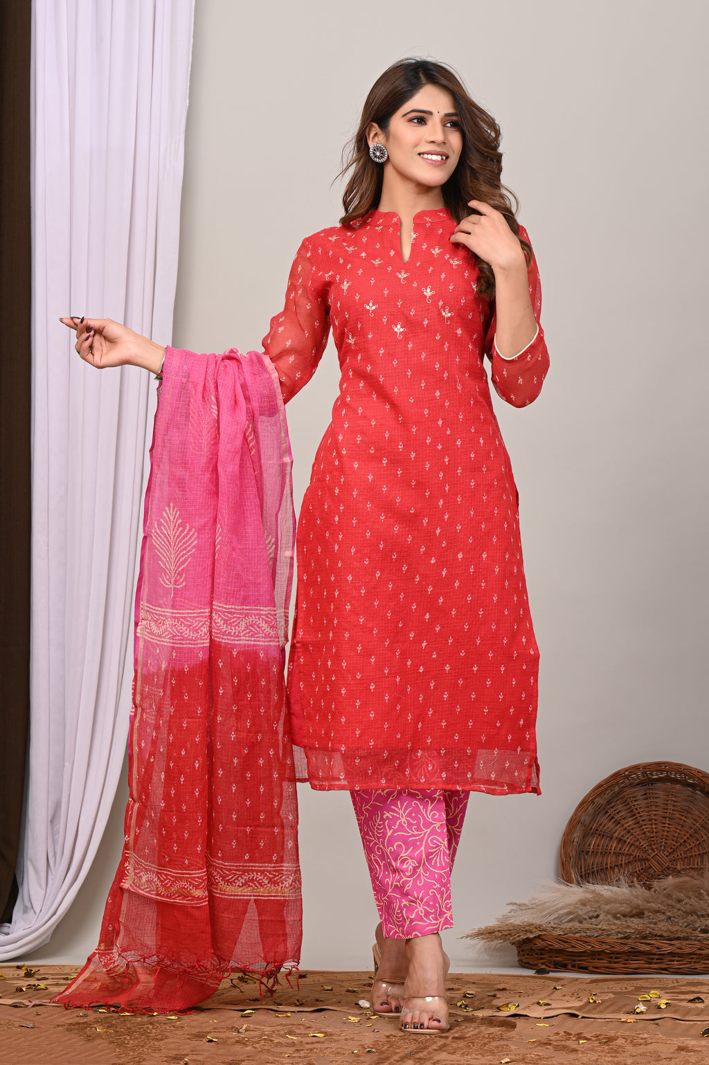 Red Handblock Kota Doria Set with Aari & Sequin Work