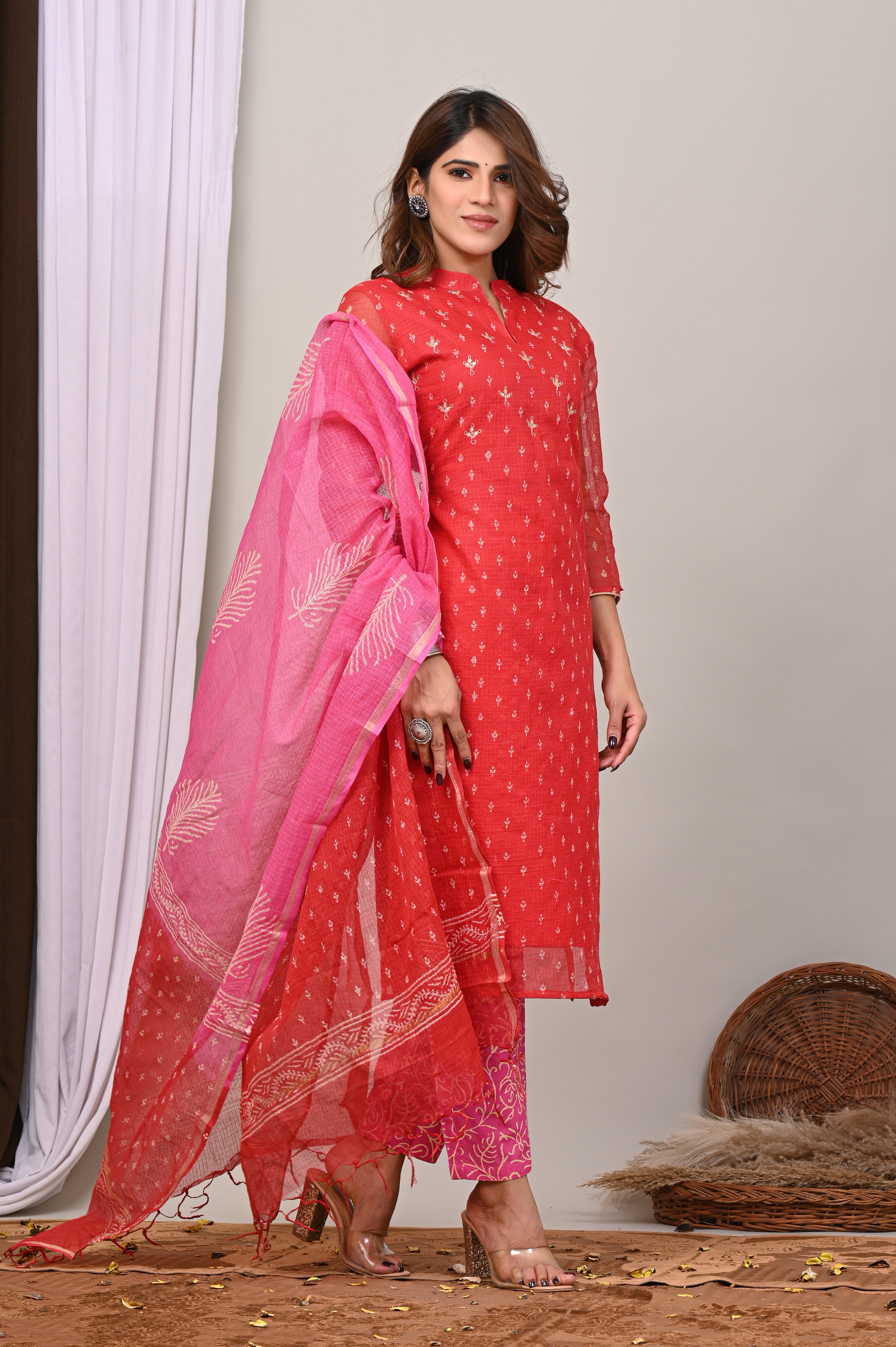 Red Handblock Kota Doria Set with Aari & Sequin Work