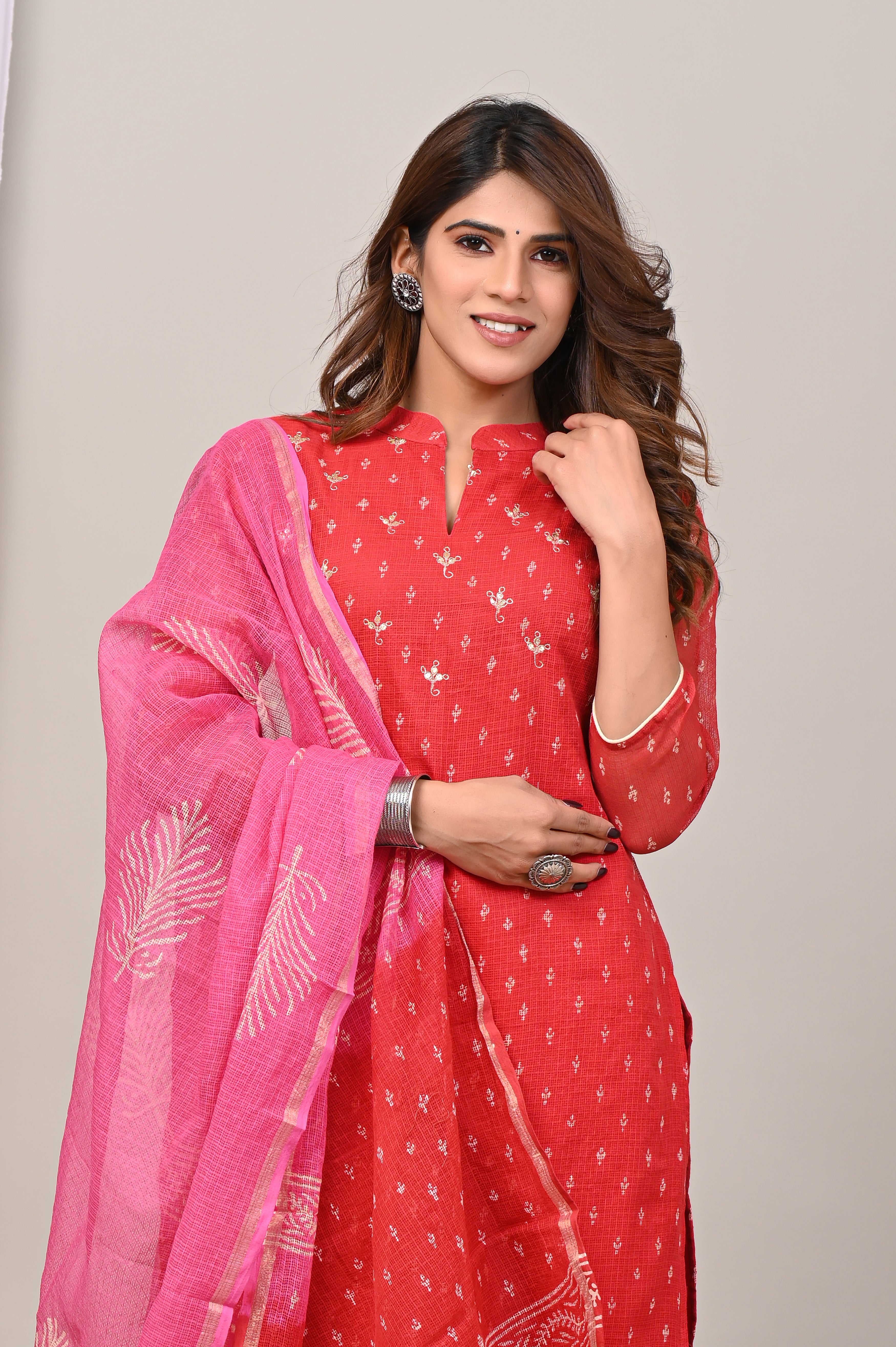 Red Handblock Kota Doria Set with Aari & Sequin Work