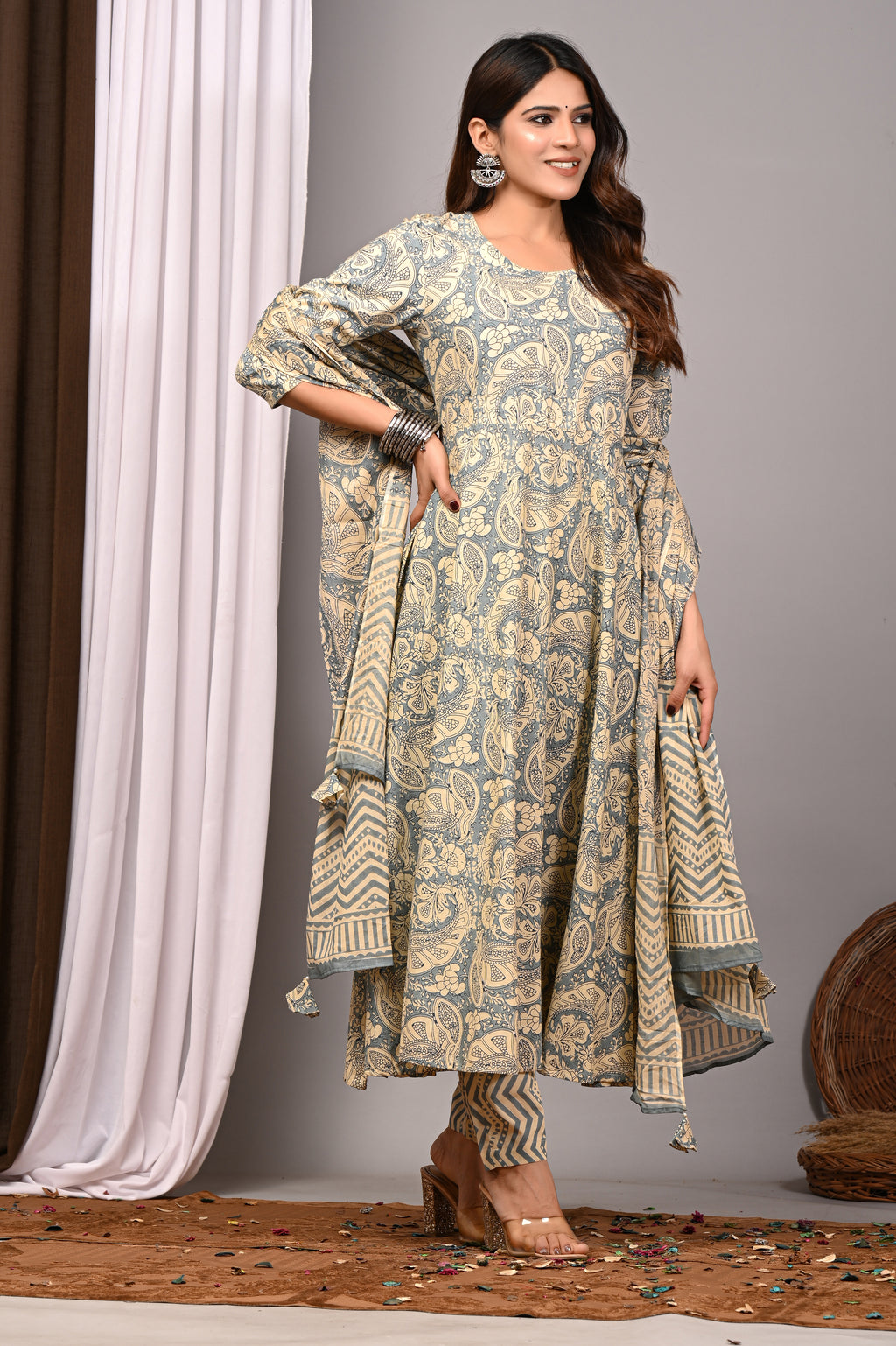 Cerulean Mist Sanganeri Cotton Sundress Set