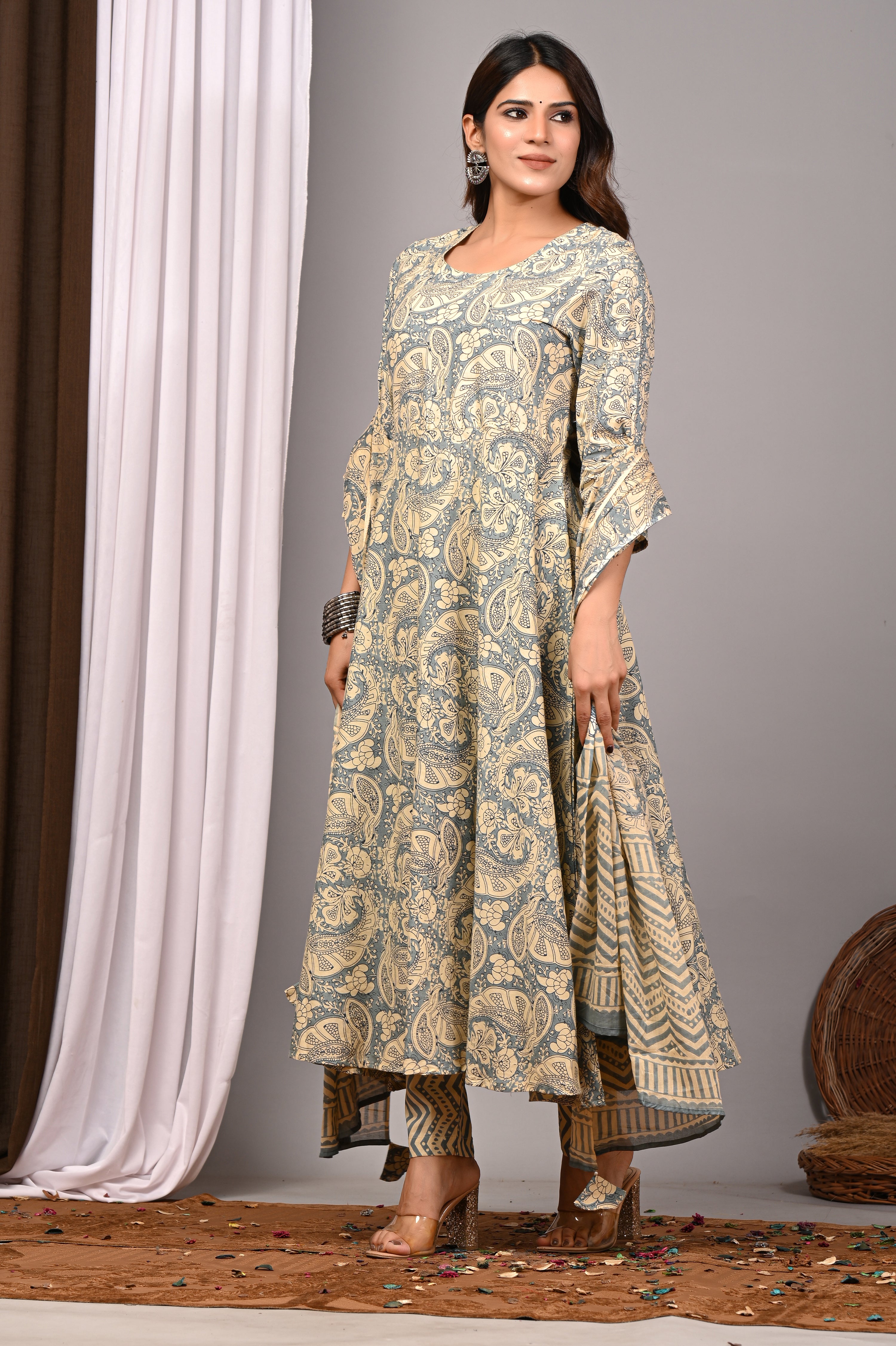 Cerulean Mist Sanganeri Cotton Sundress Set