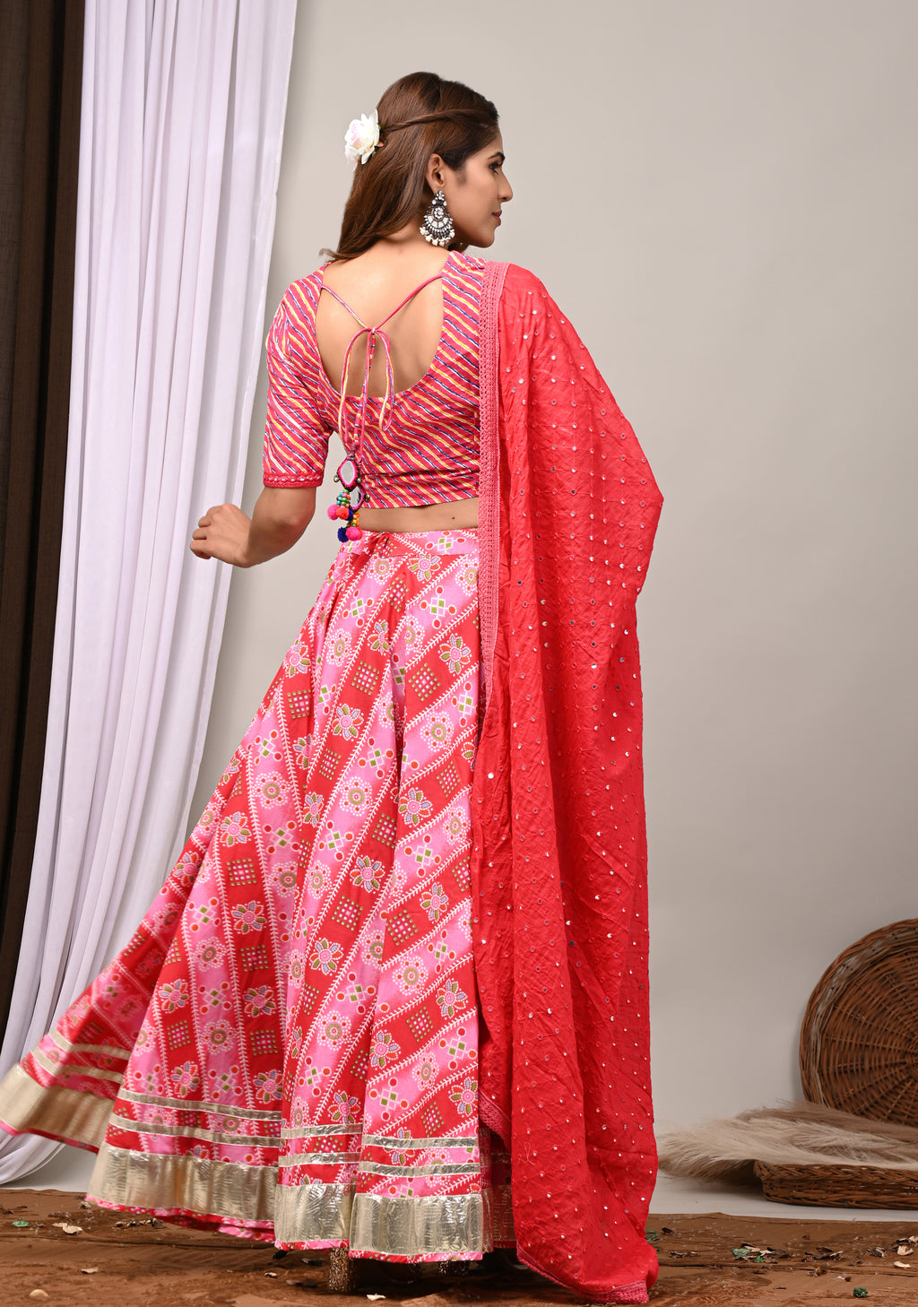 Rose Pink Leheriya & Bandhej Festive Lehenga Set