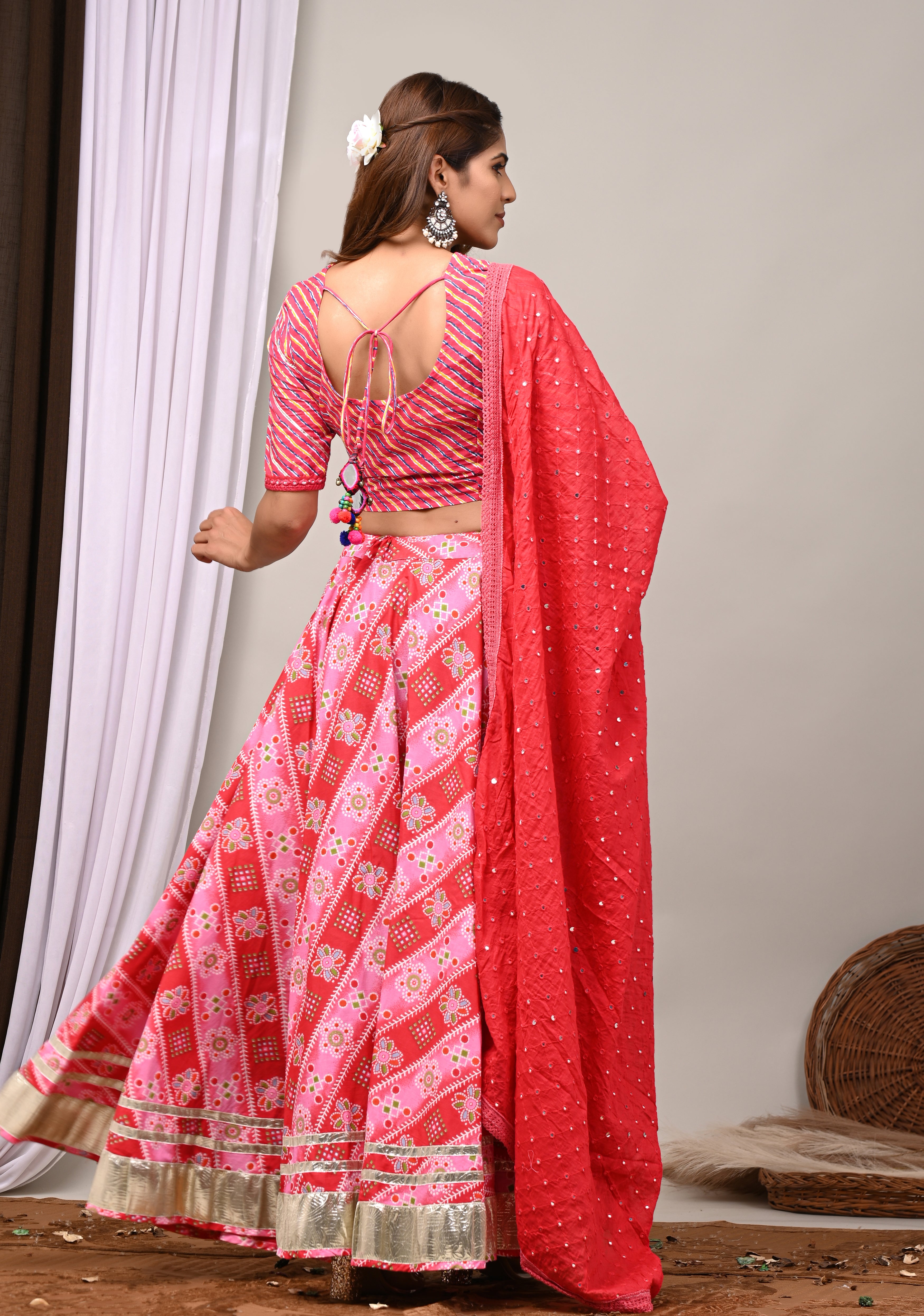 Rose Pink Leheriya & Bandhej Festive Lehenga Set