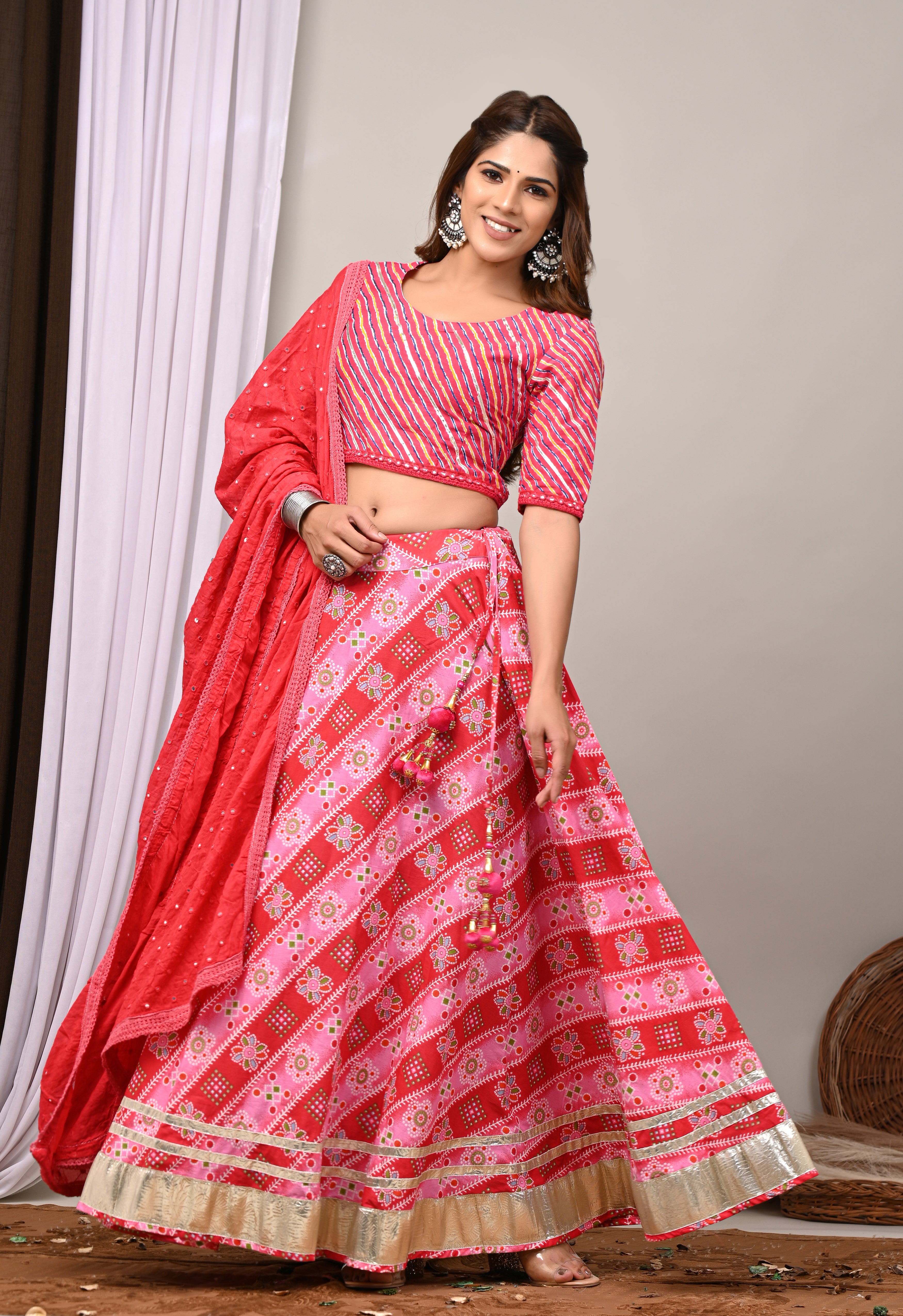 Rose Pink Leheriya & Bandhej Festive Lehenga Set