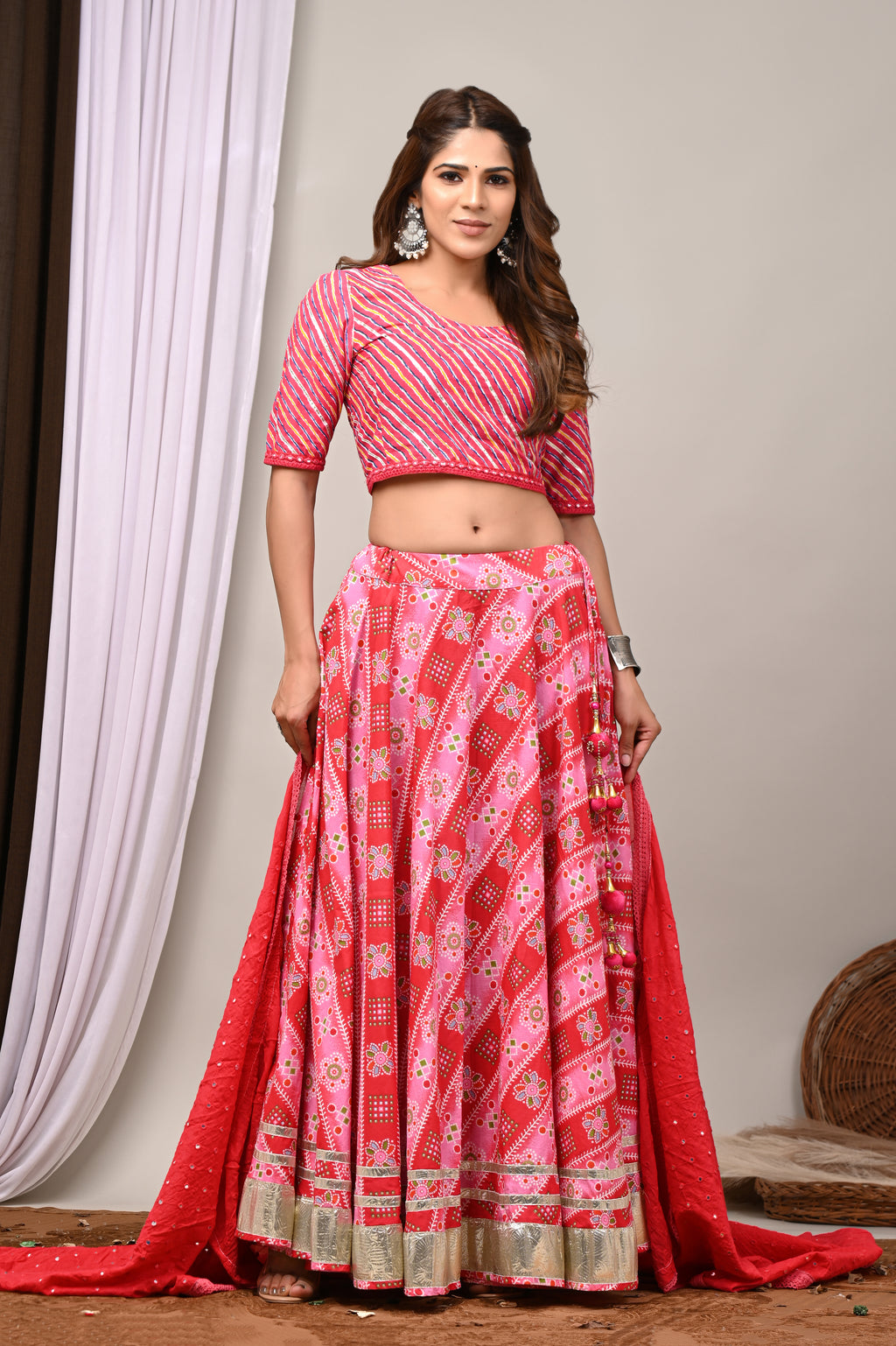 Rose Pink Leheriya & Bandhej Festive Lehenga Set