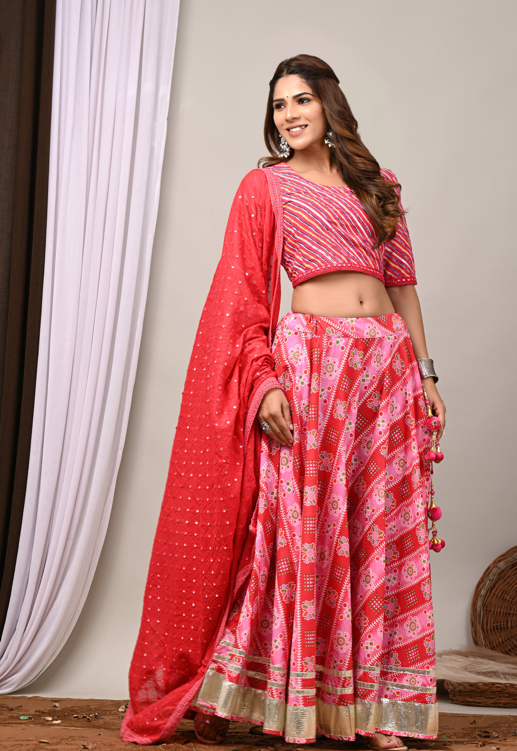 Rose Pink Leheriya & Bandhej Festive Lehenga Set