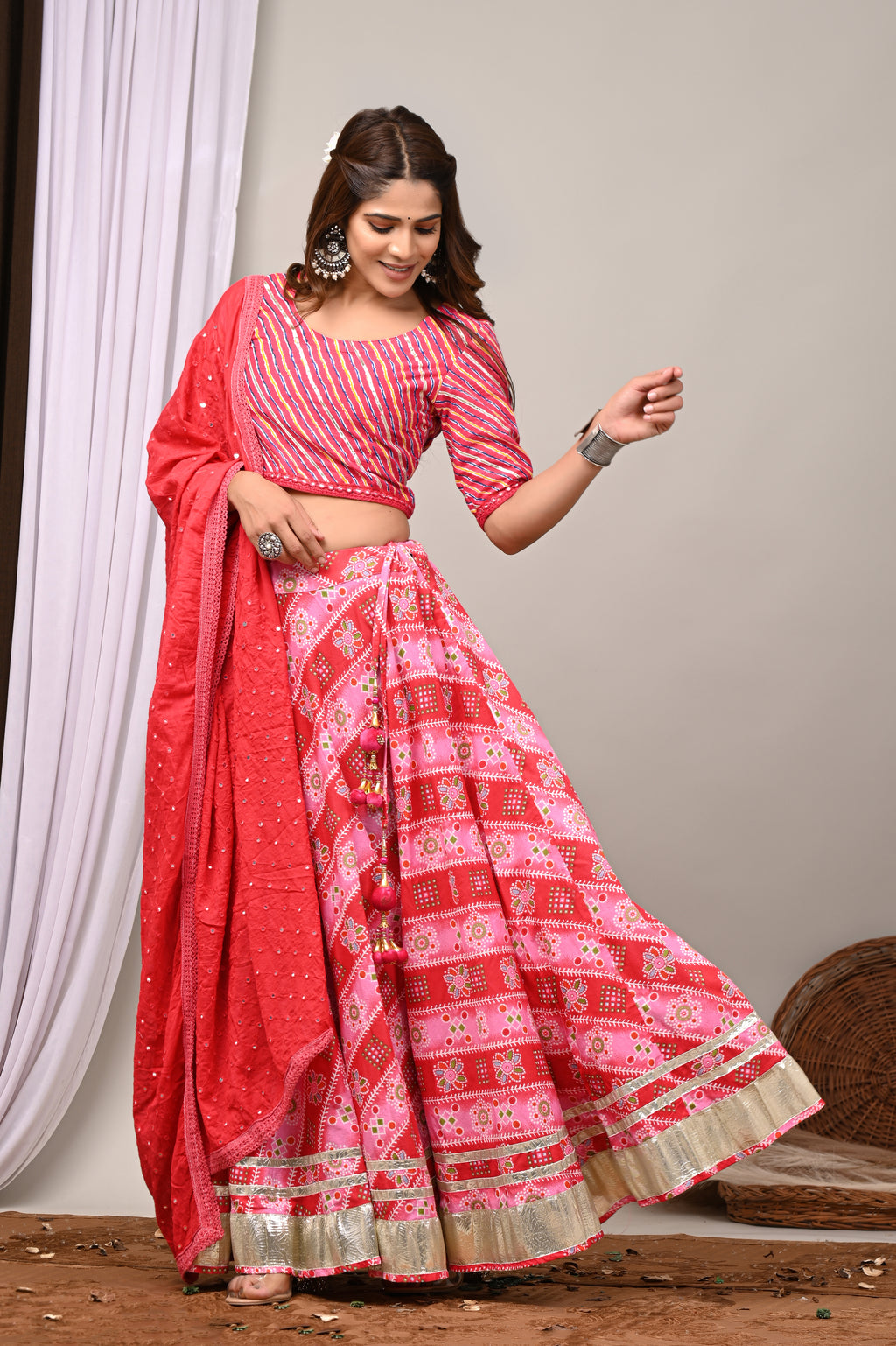 Rose Pink Leheriya & Bandhej Festive Lehenga Set