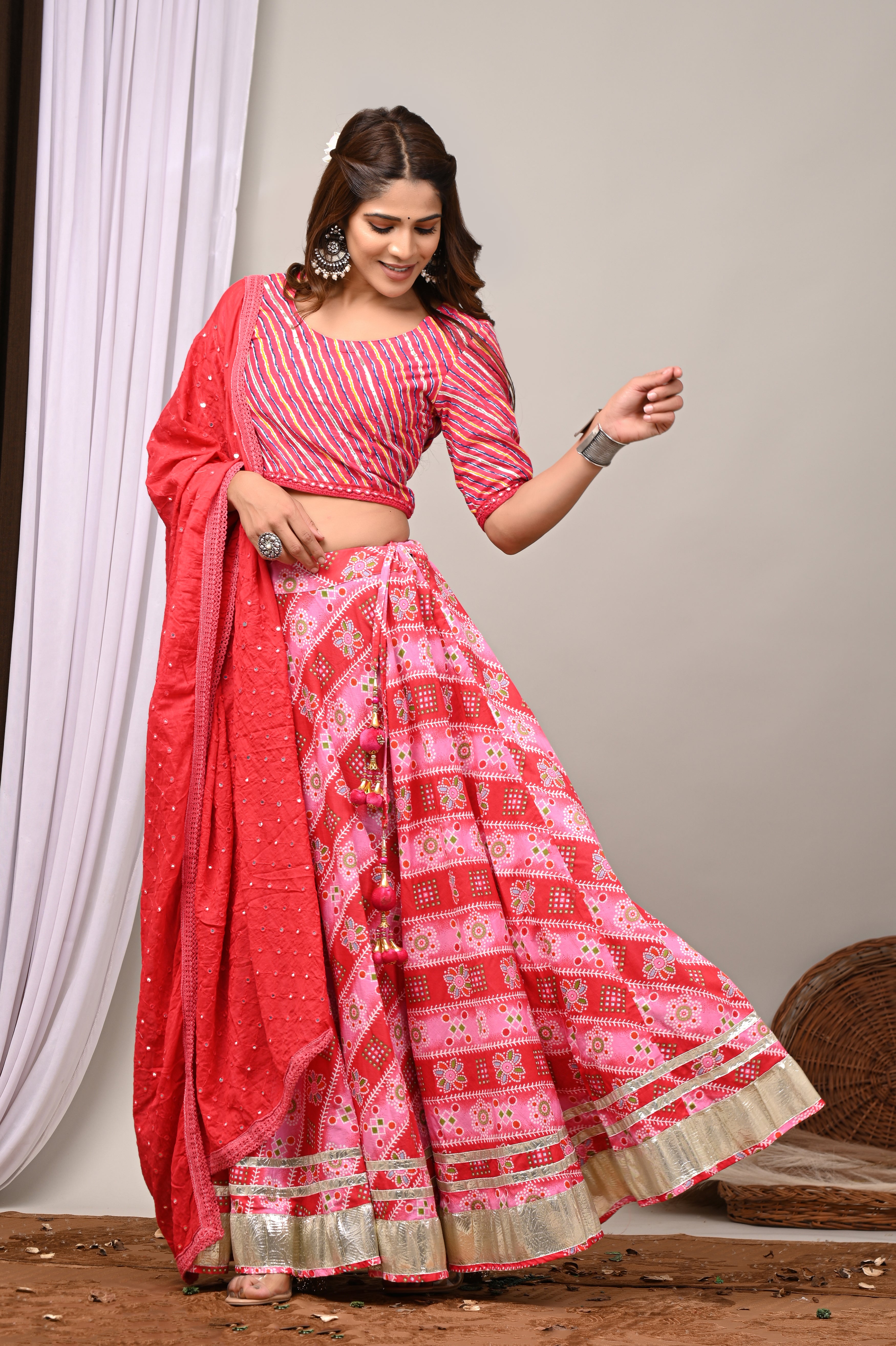 Rose Pink Leheriya & Bandhej Festive Lehenga Set