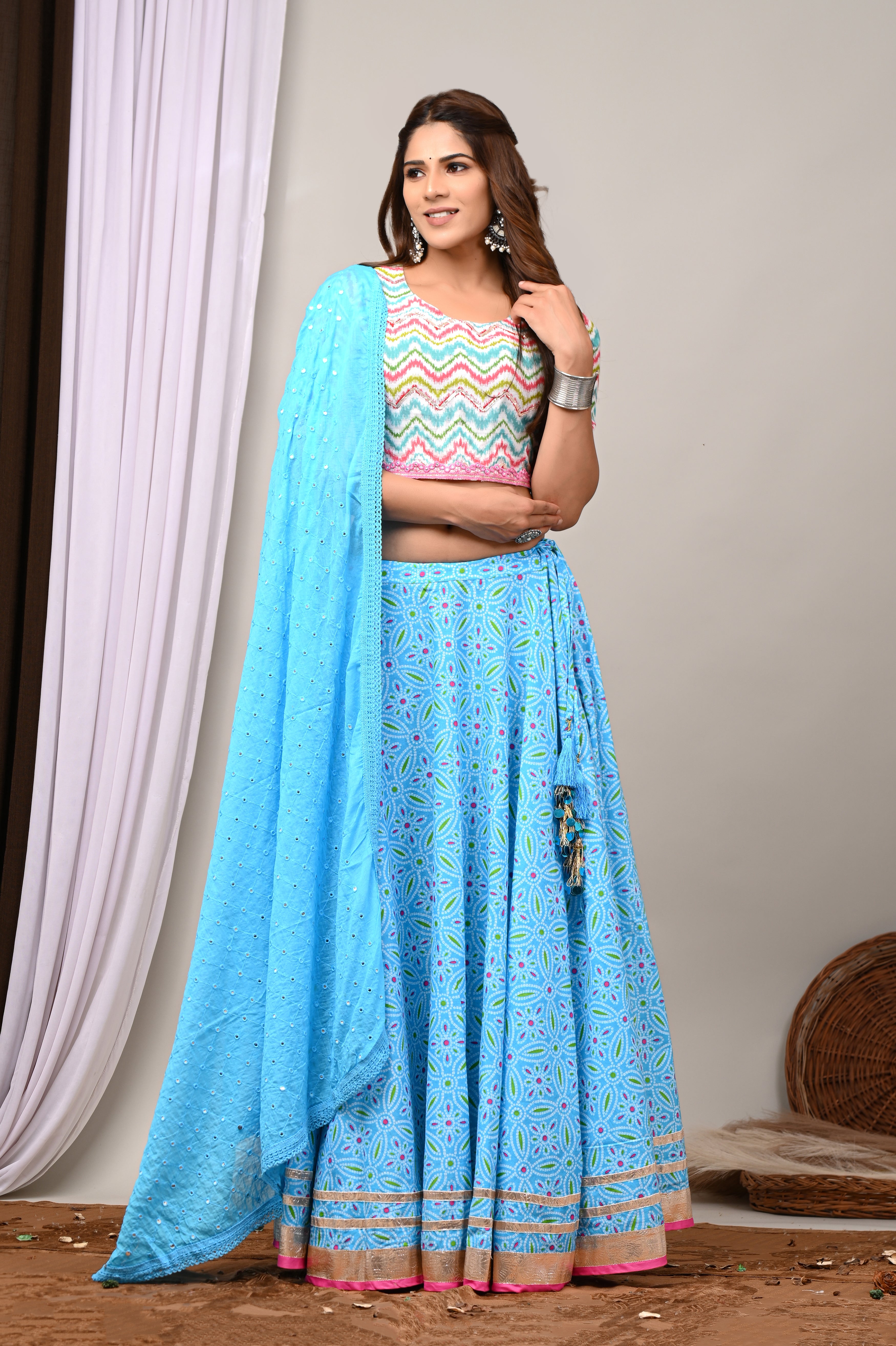 Turquoise Leheriya & Bandhej Festive Lehenga Set