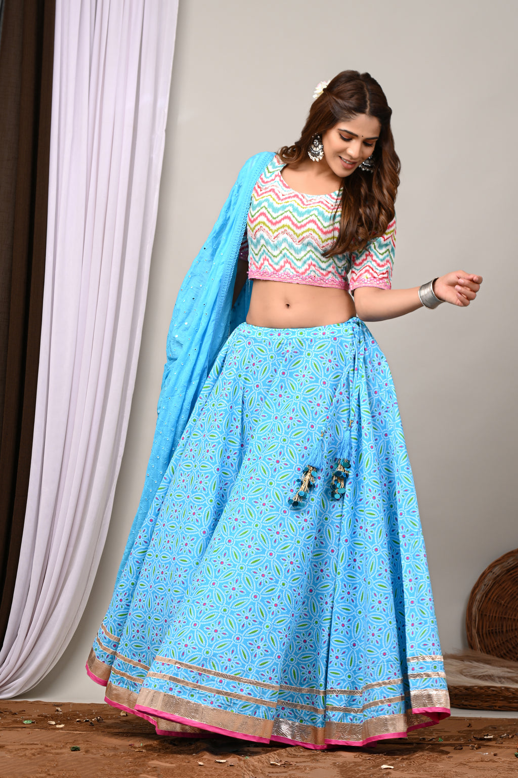 Turquoise Leheriya & Bandhej Festive Lehenga Set