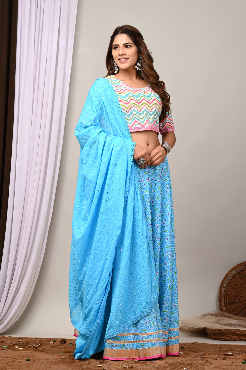 Turquoise Leheriya & Bandhej Festive Lehenga Set