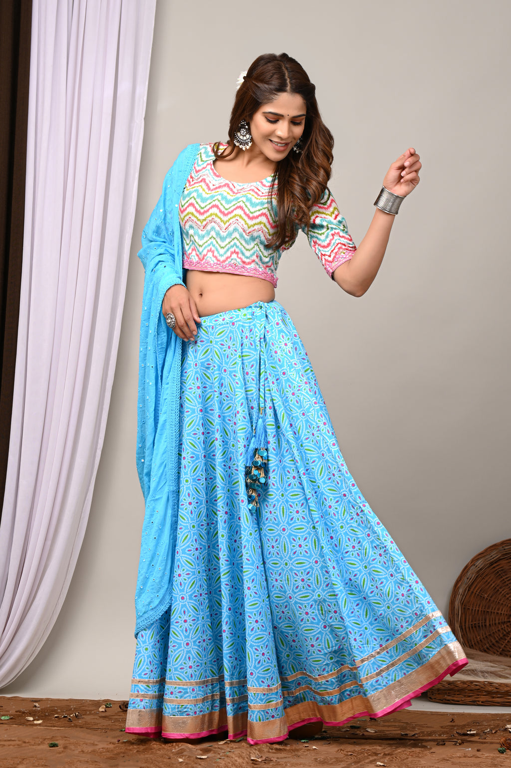 Turquoise Leheriya & Bandhej Festive Lehenga Set