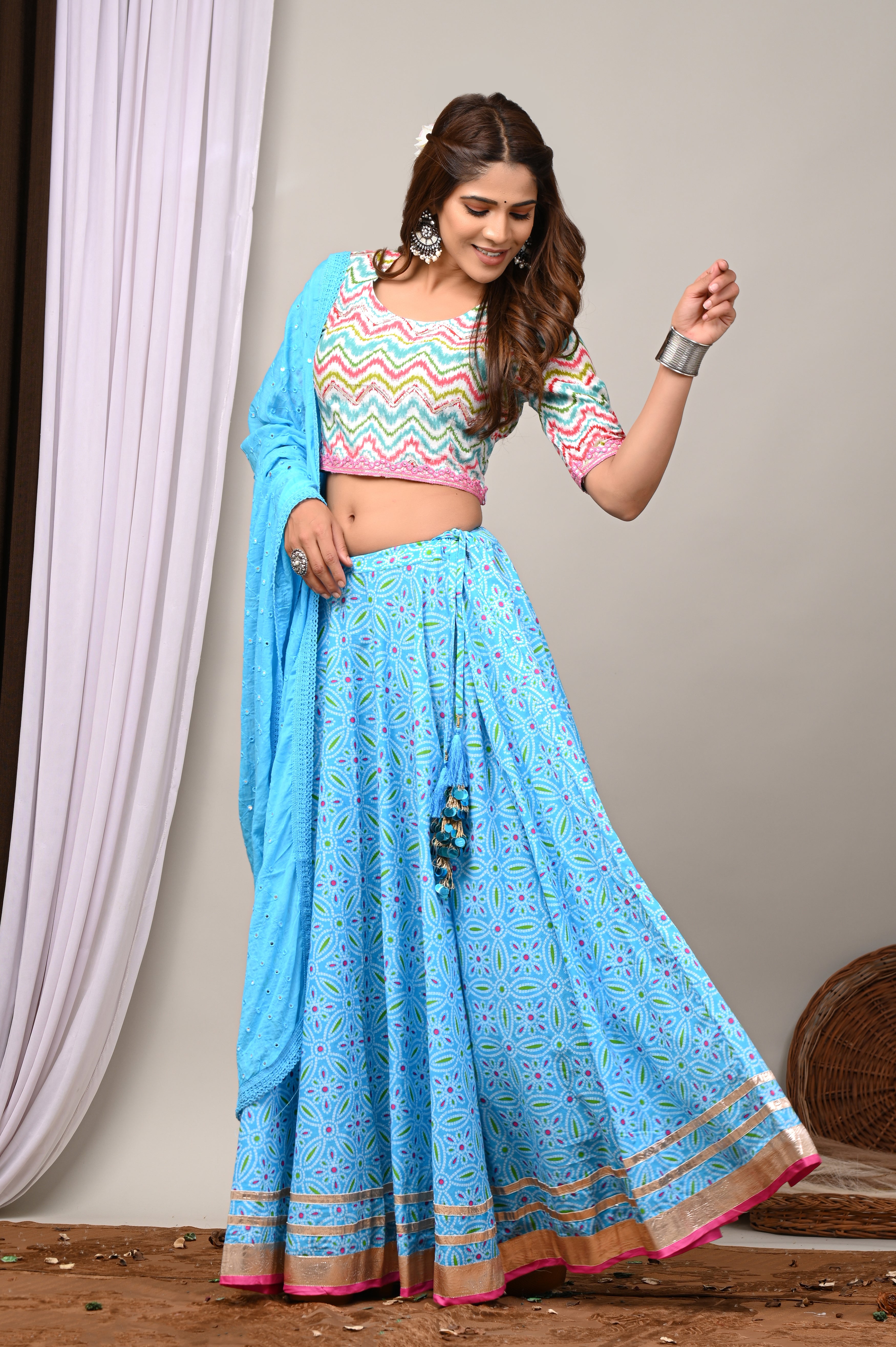 Turquoise Leheriya & Bandhej Festive Lehenga Set