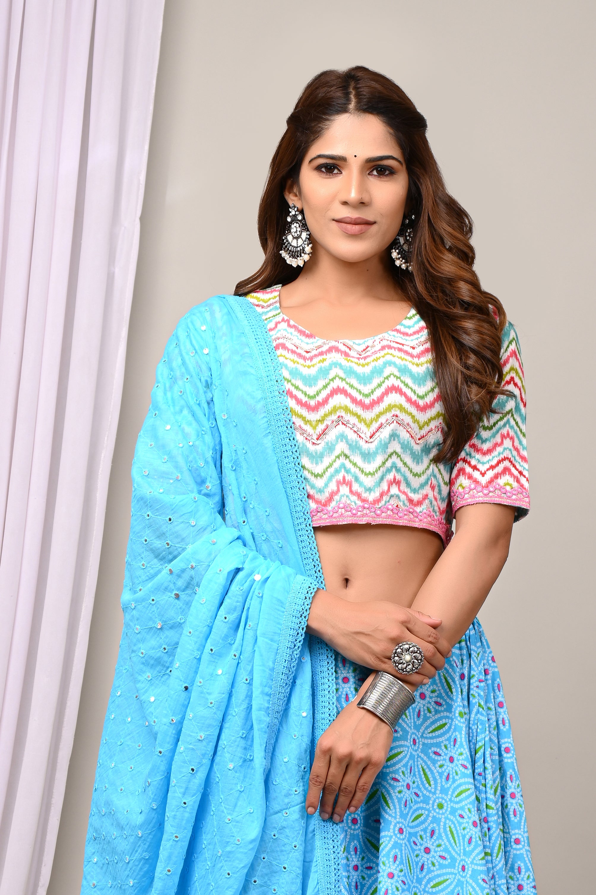 Turquoise Leheriya & Bandhej Festive Lehenga Set