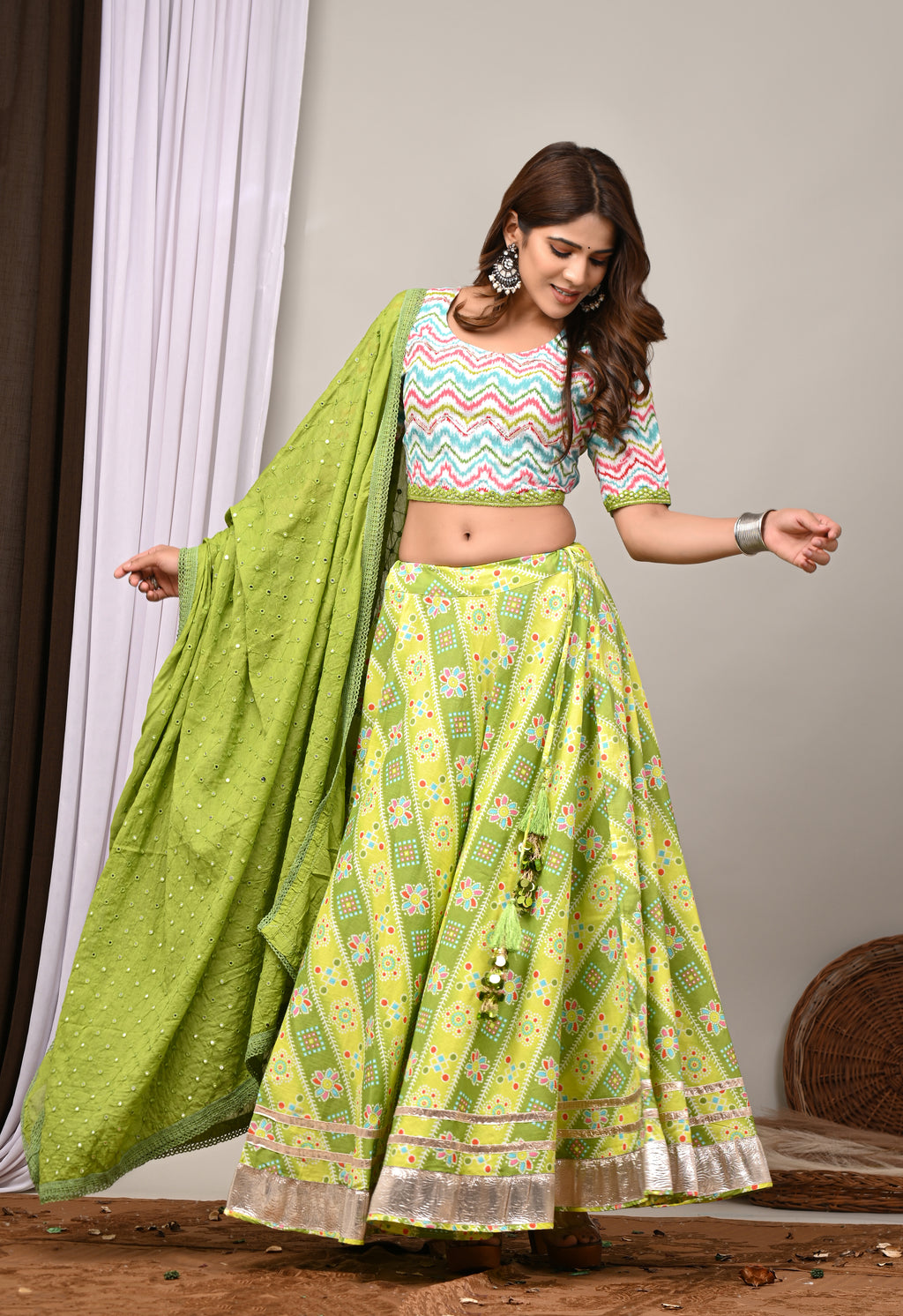 Lime Leheriya & Bandhej Festive Lehenga Set