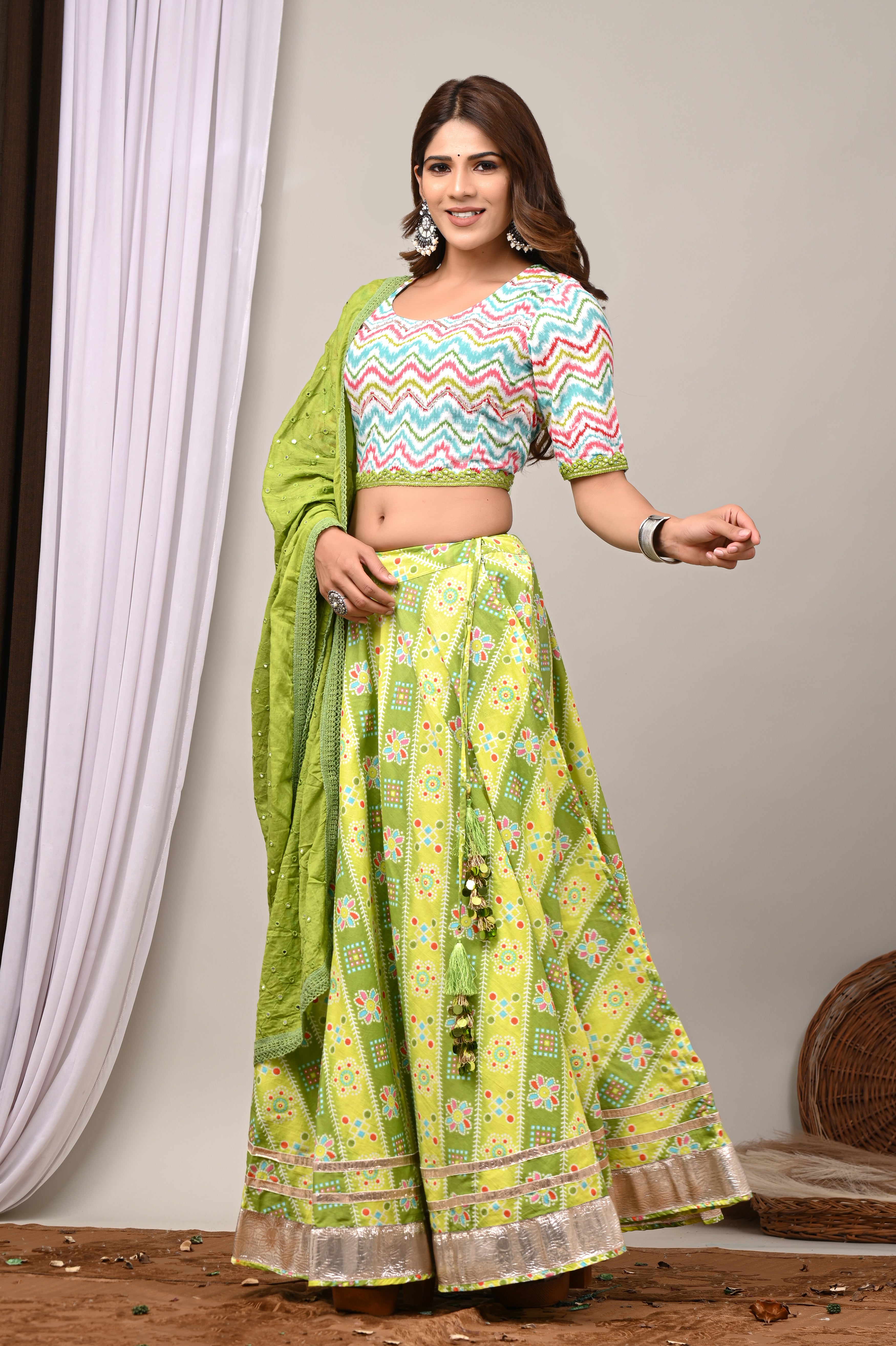 Lime Leheriya & Bandhej Festive Lehenga Set