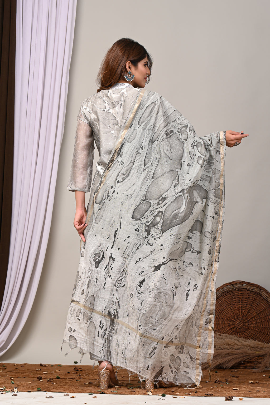 Slate Grey Marble Handblock Chanderi Silk Suit Set