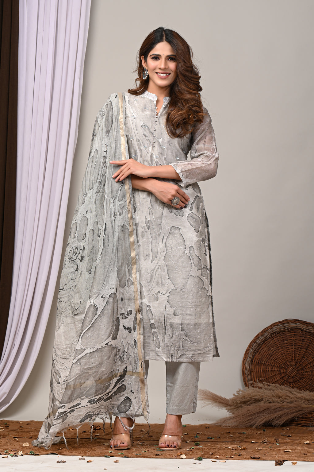 Slate Grey Marble Handblock Chanderi Silk Suit Set