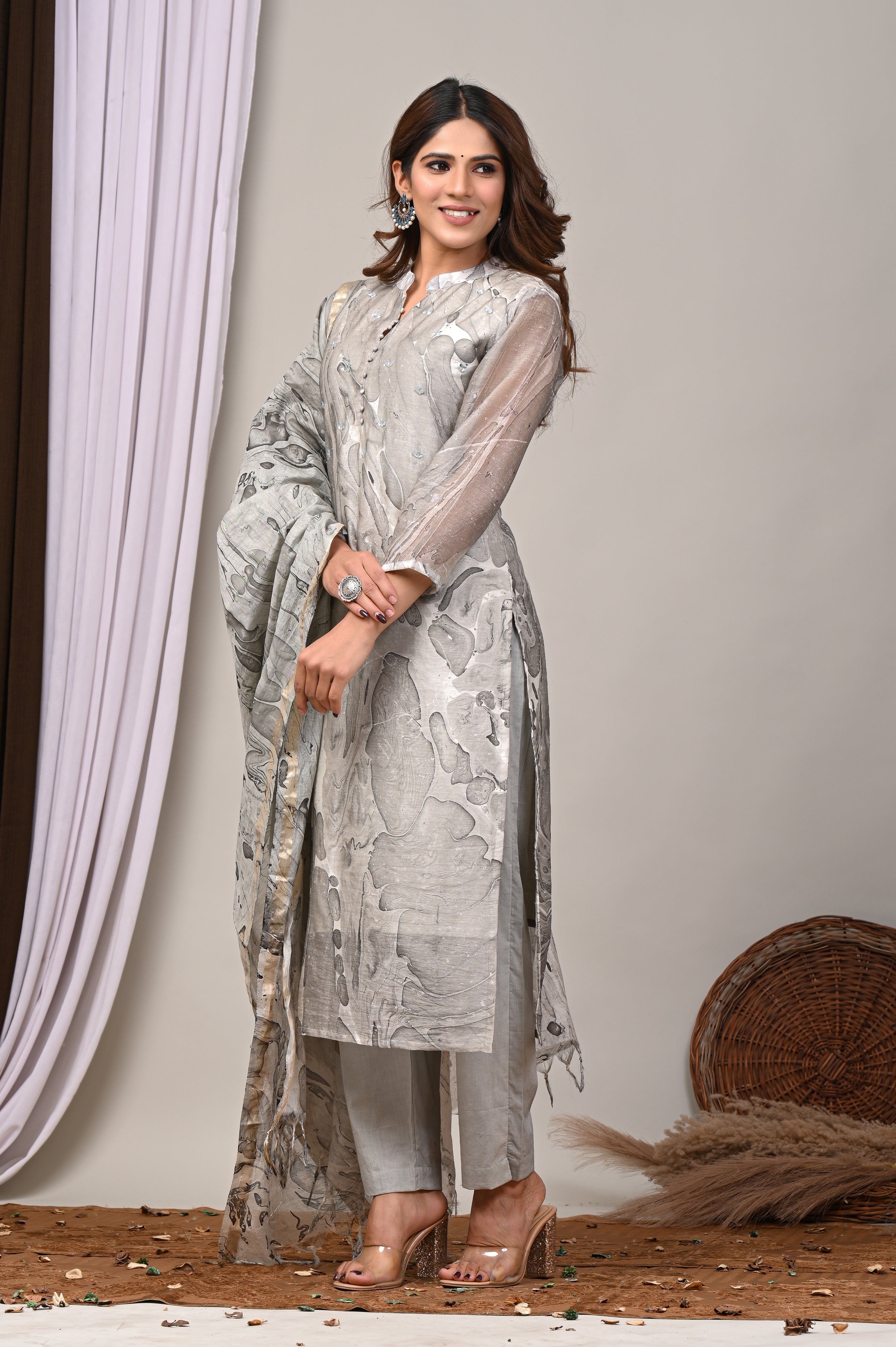 Slate Grey Marble Handblock Chanderi Silk Suit Set