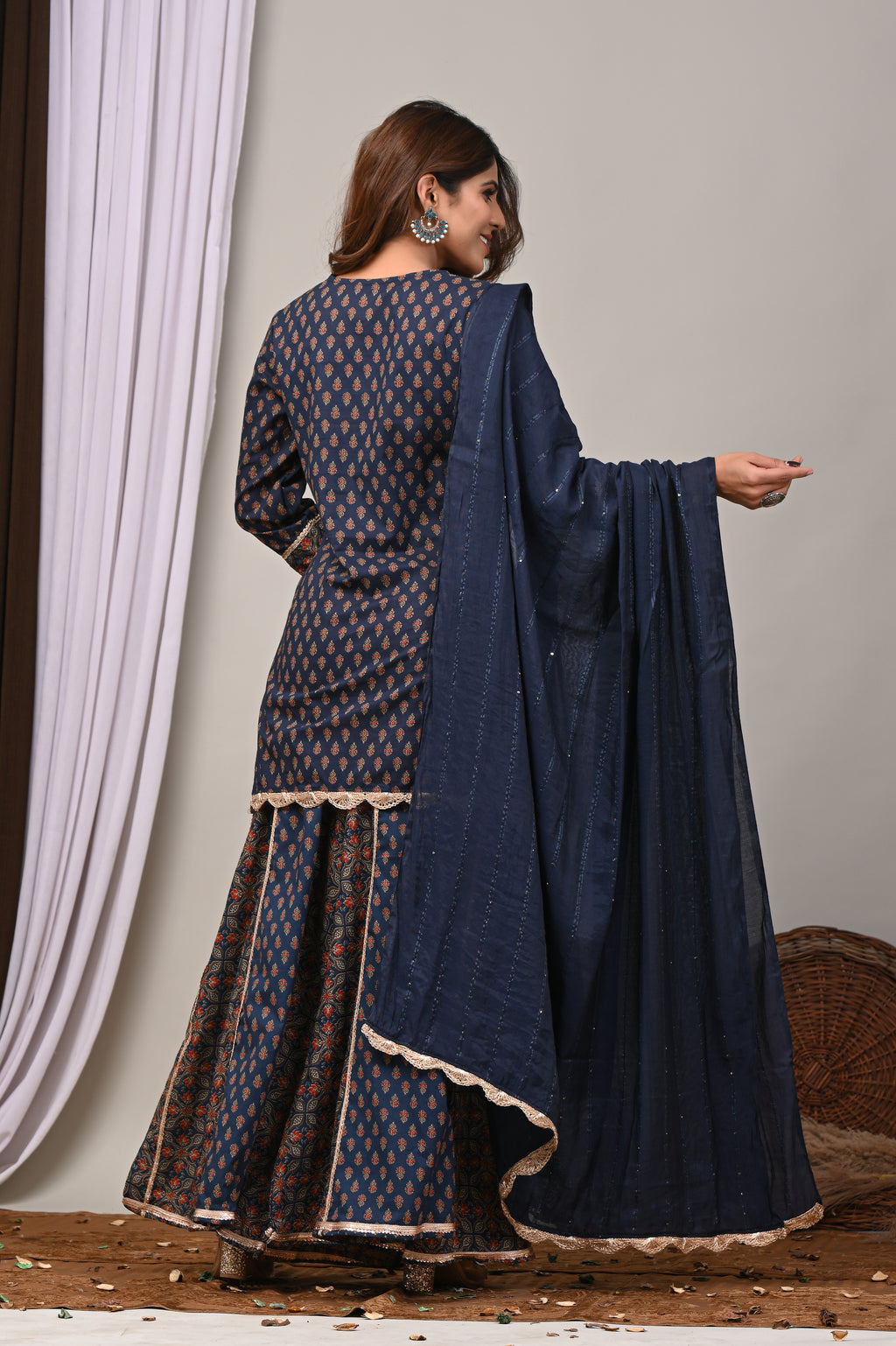 Midnight Indigo Aari & French Knot Sharara Set