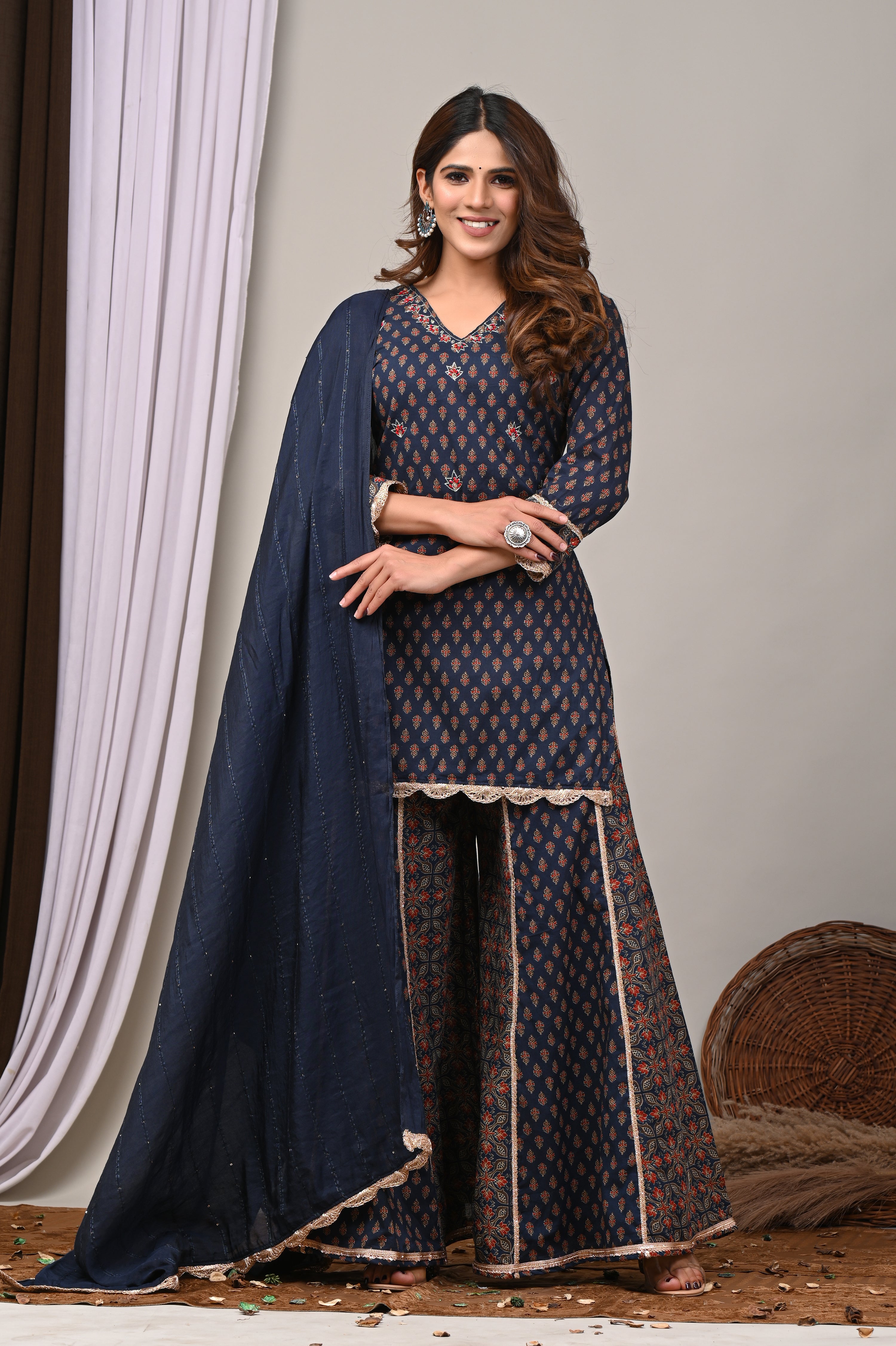 Midnight Indigo Aari & French Knot Sharara Set