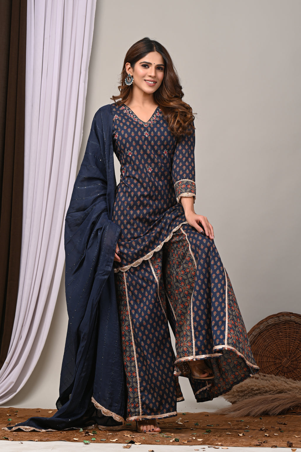 Midnight Indigo Aari & French Knot Sharara Set