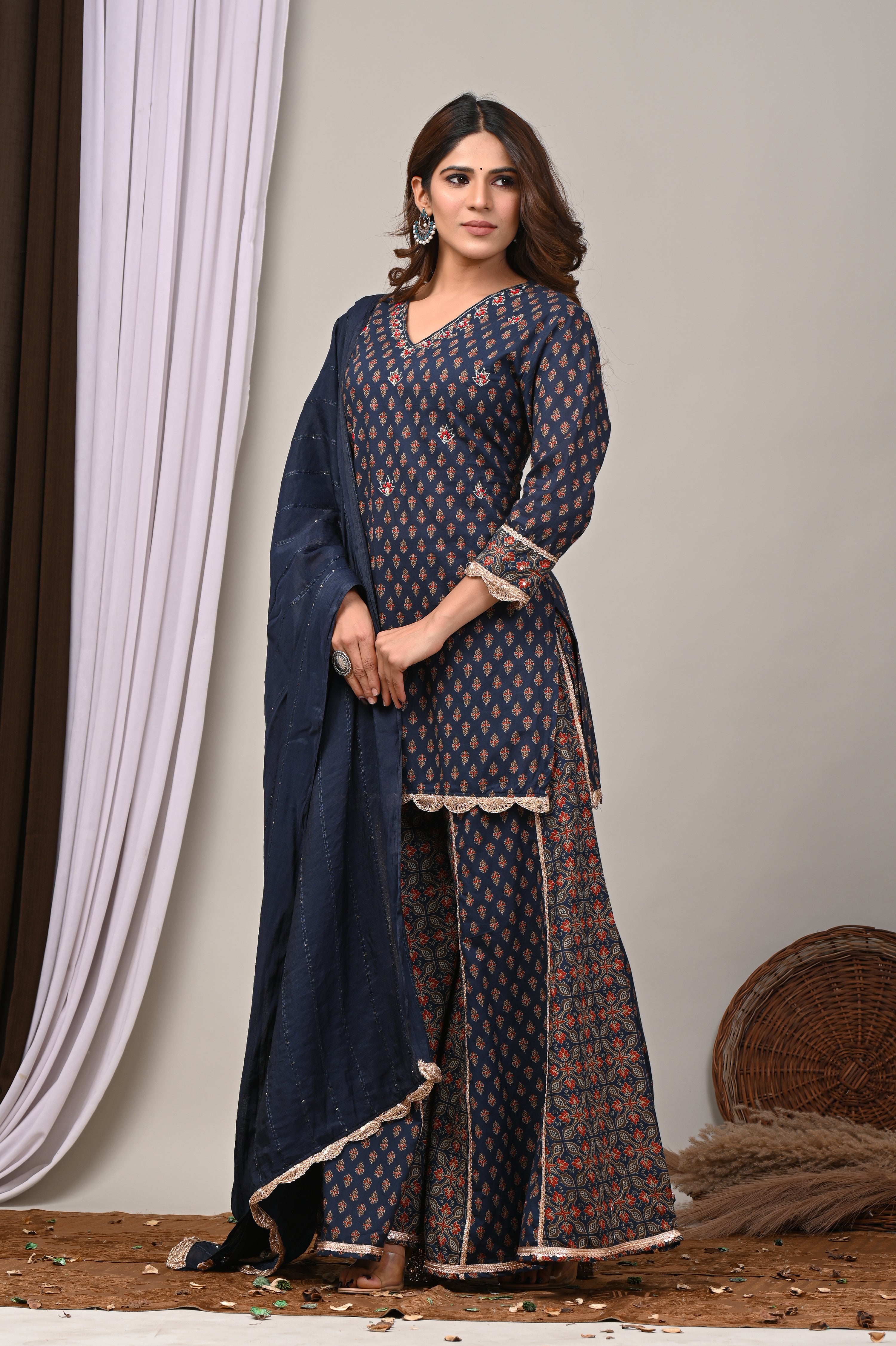 Midnight Indigo Aari & French Knot Sharara Set