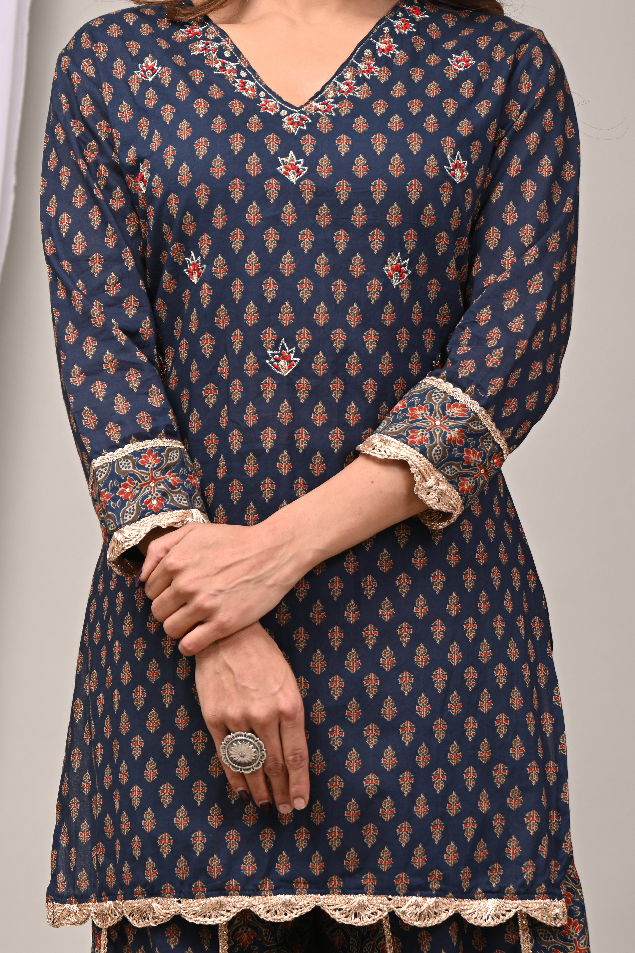 Midnight Indigo Aari & French Knot Sharara Set