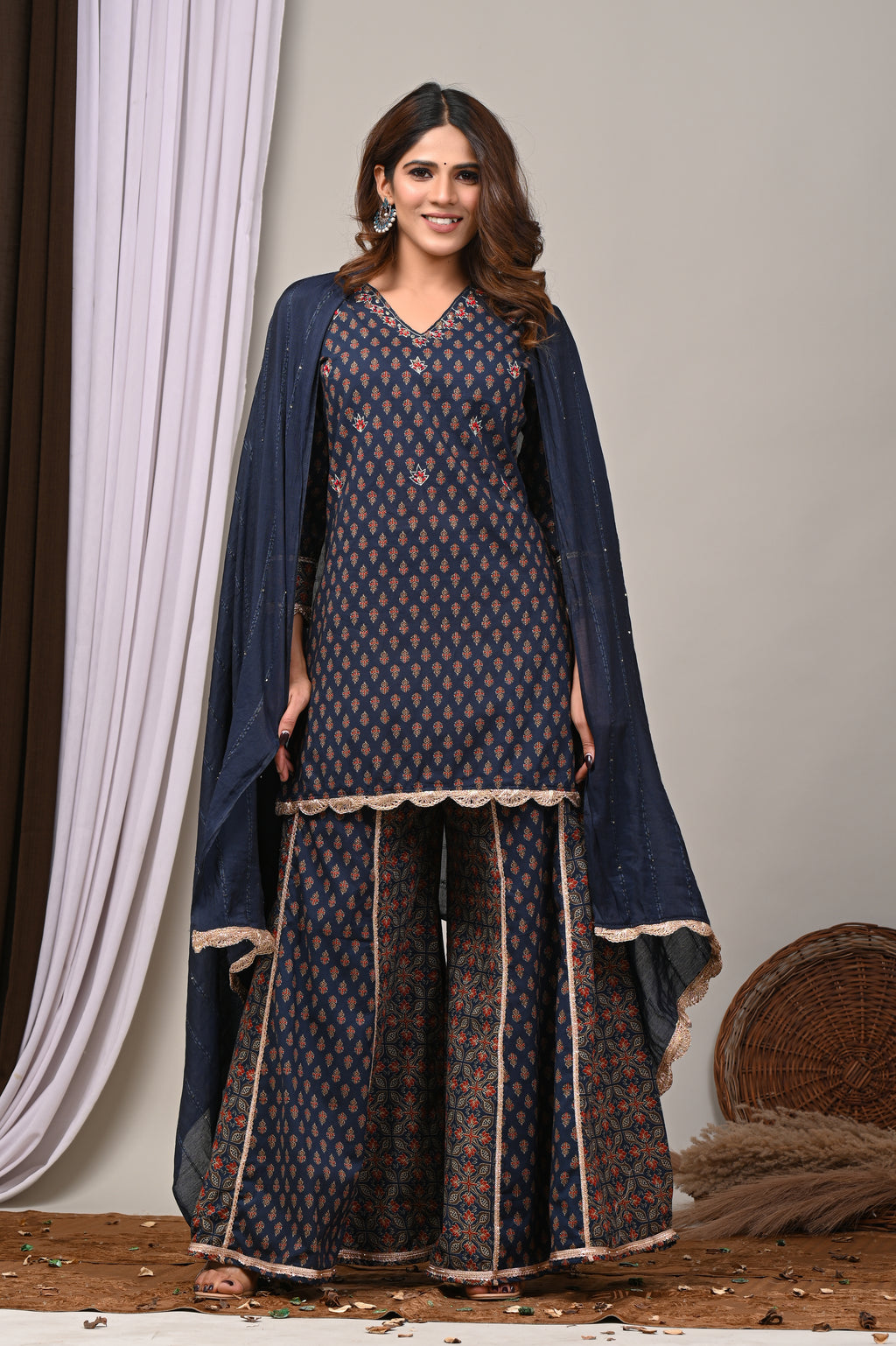 Midnight Indigo Aari & French Knot Sharara Set