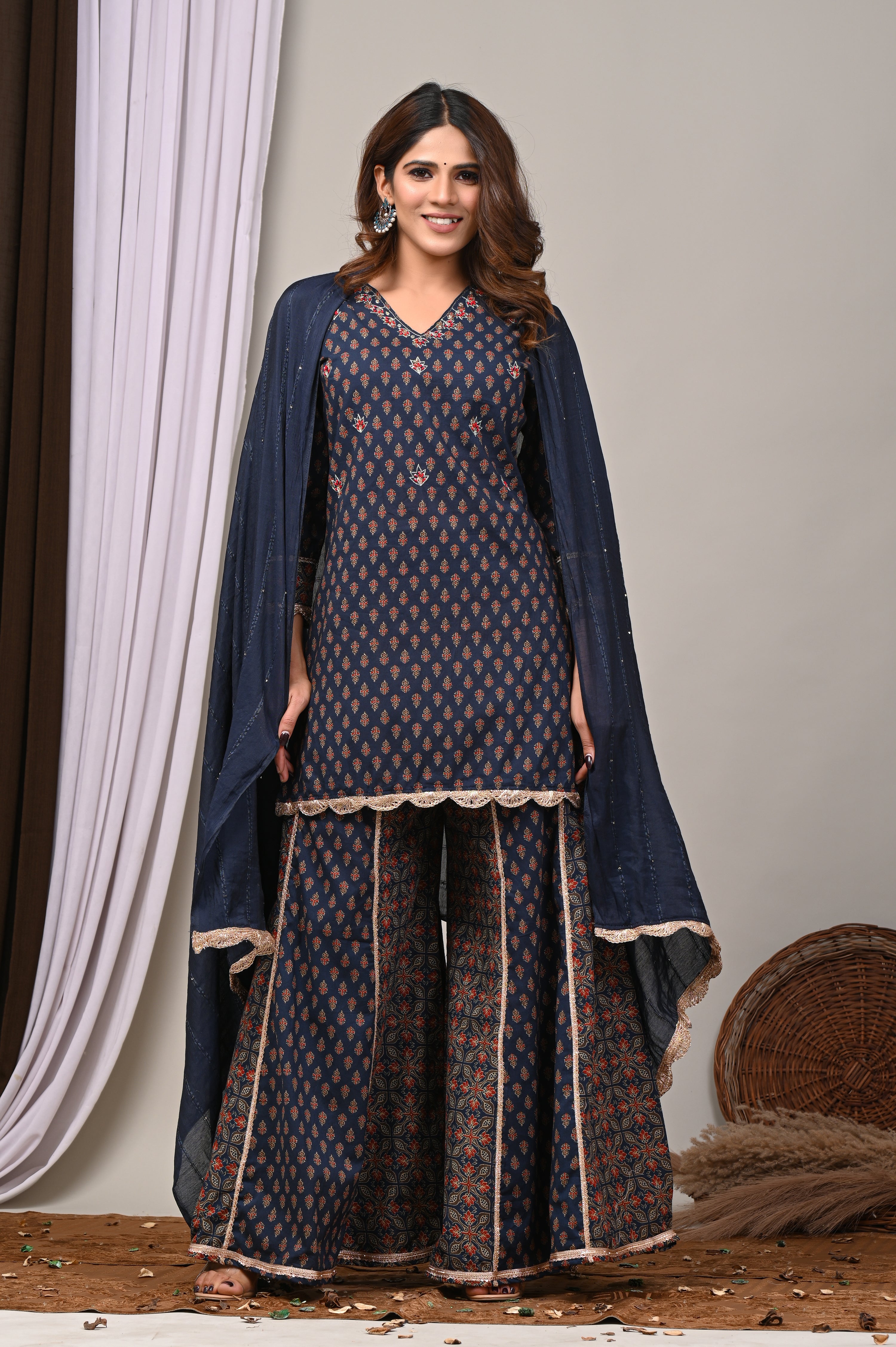 Midnight Indigo Aari & French Knot Sharara Set