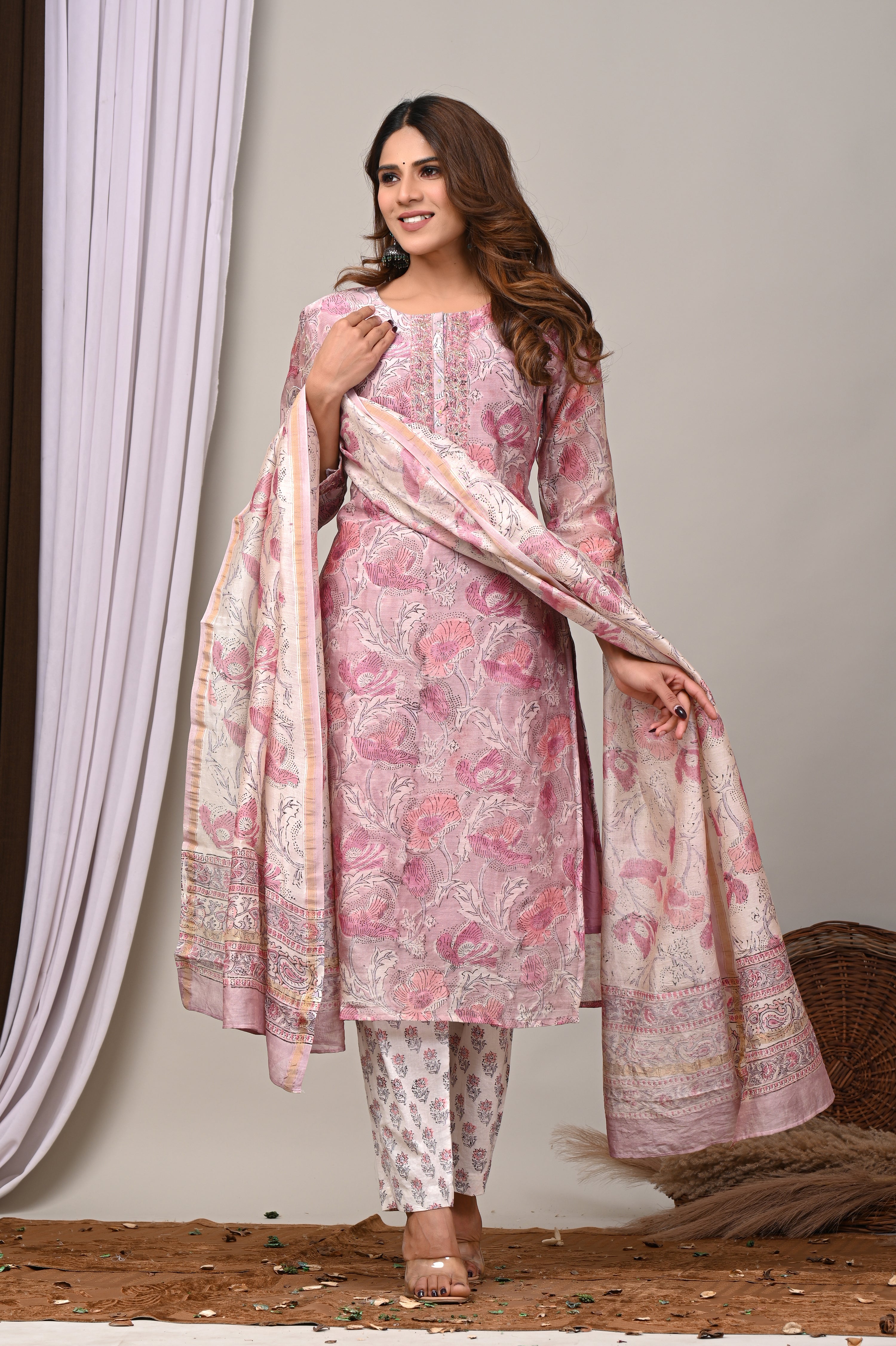Lavender Pink Floral Handblock Chanderi Silk Suit Set