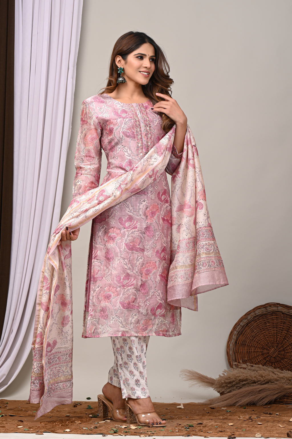 Lavender Pink Floral Handblock Chanderi Silk Suit Set