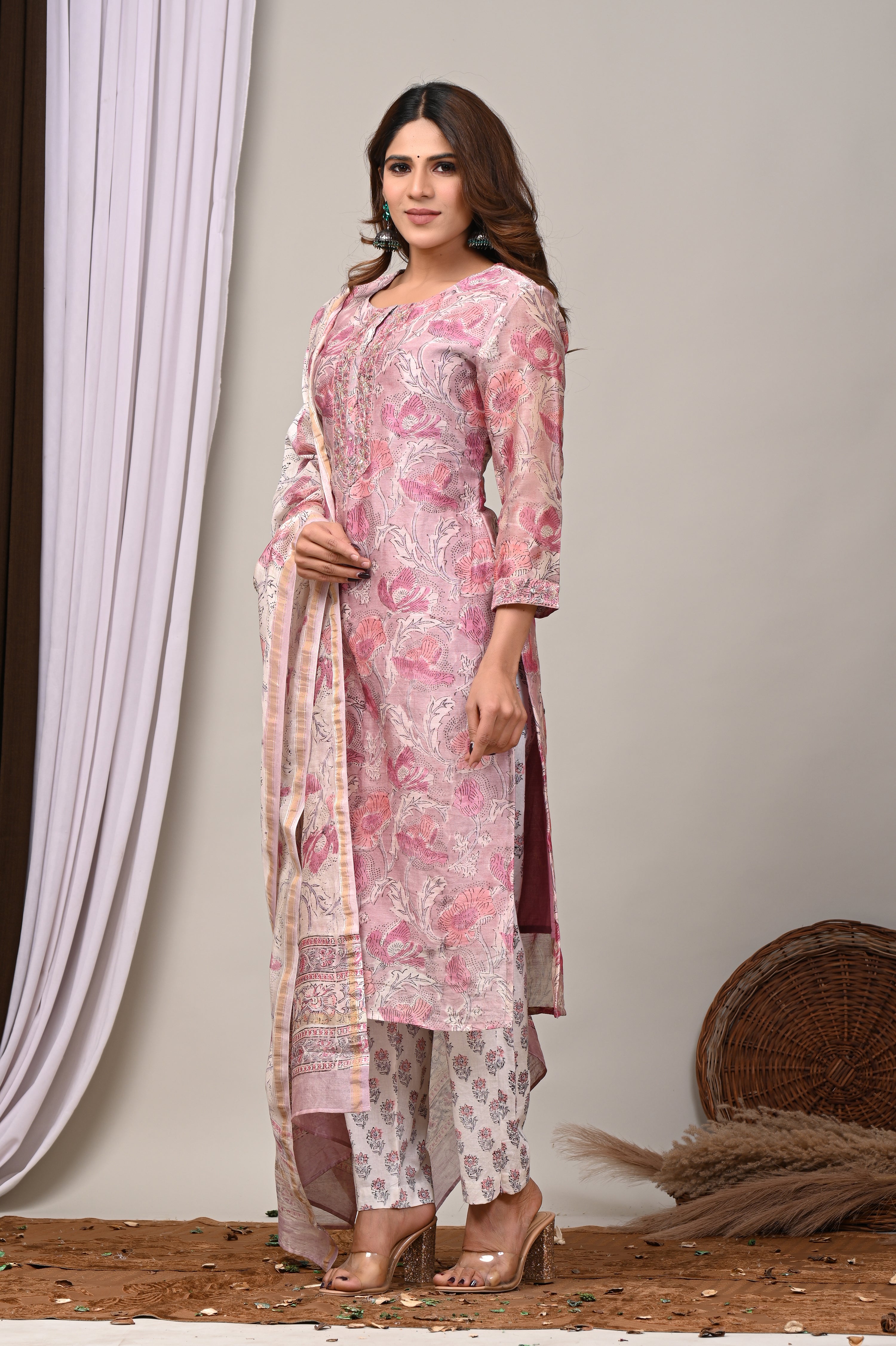 Lavender Pink Floral Handblock Chanderi Silk Suit Set