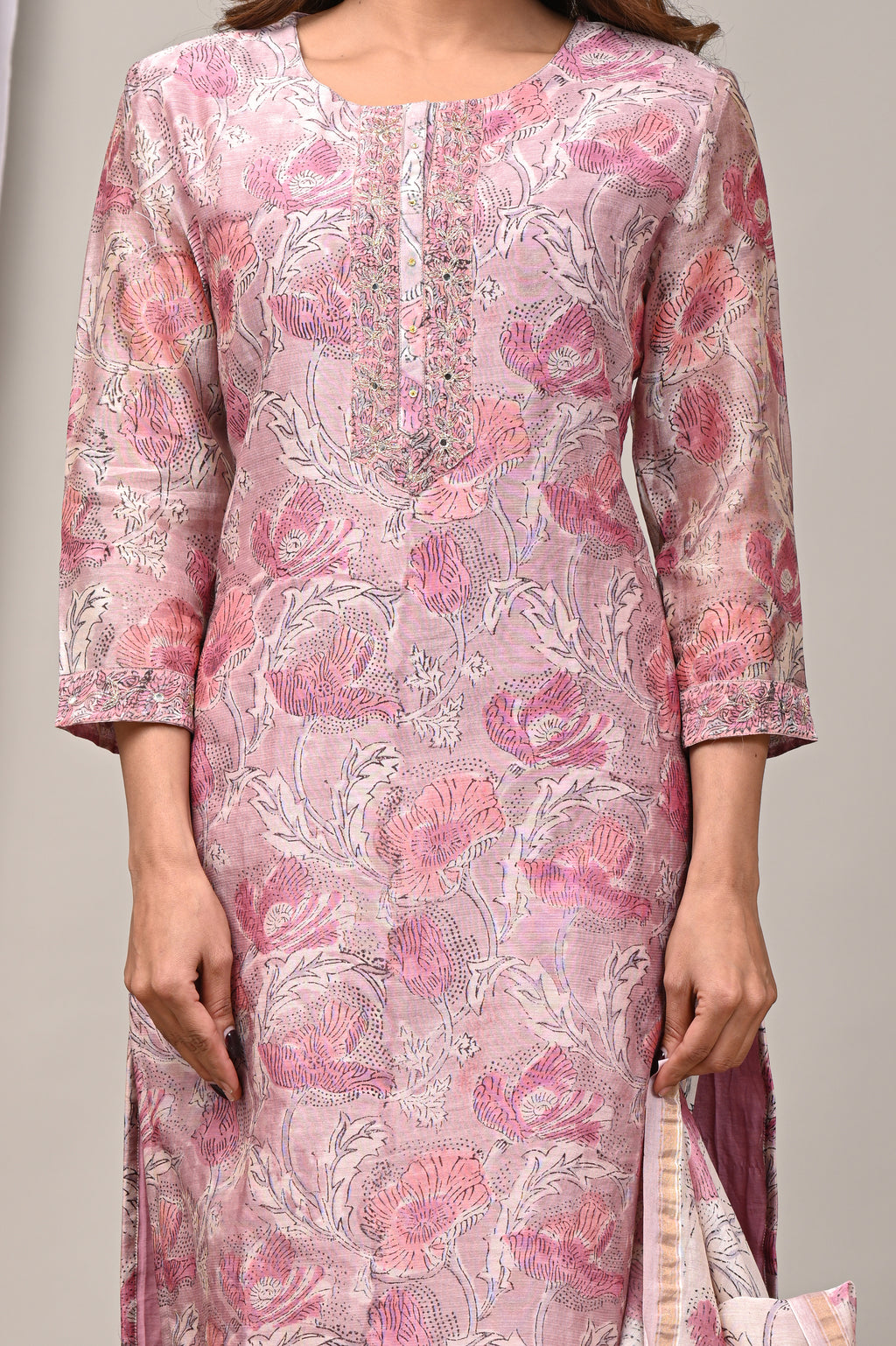 Lavender Pink Floral Handblock Chanderi Silk Suit Set