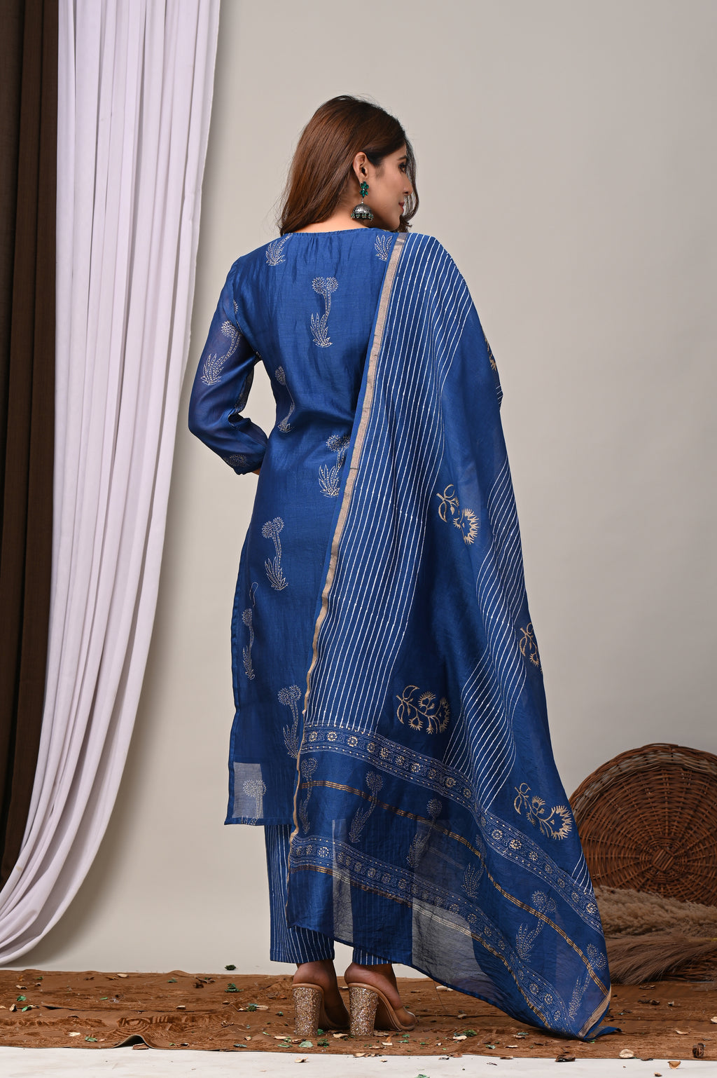 Midnight Indigo Handblock Chanderi Silk Suit Set