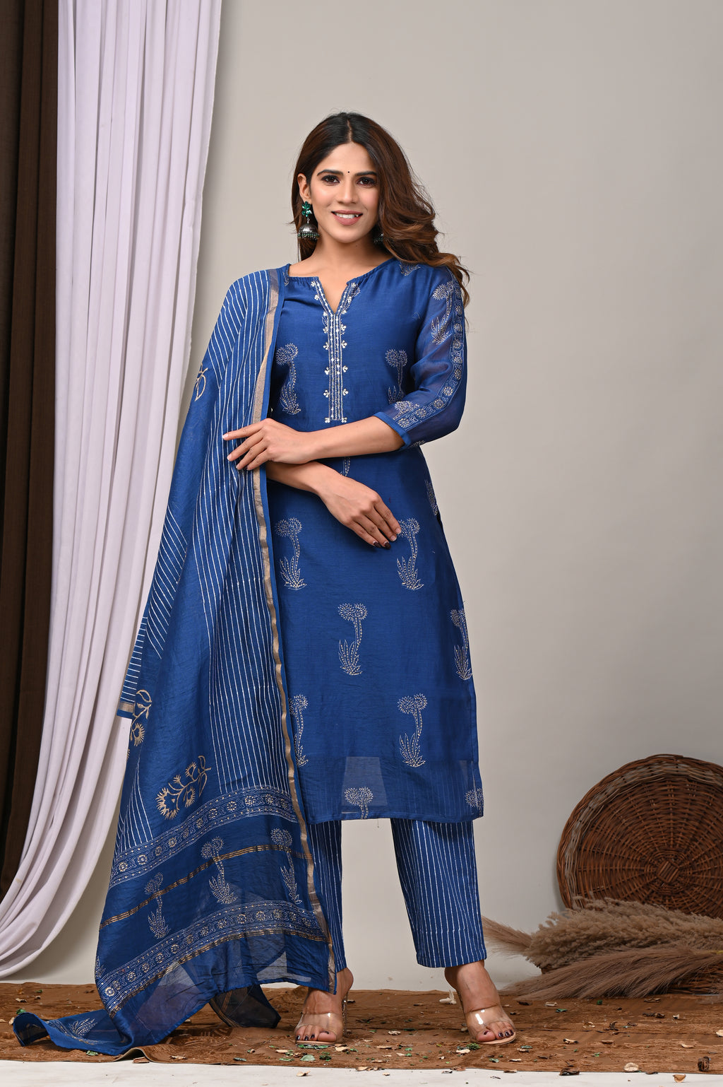 Midnight Indigo Handblock Chanderi Silk Suit Set