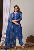 Midnight Indigo Handblock Chanderi Silk Suit Set
