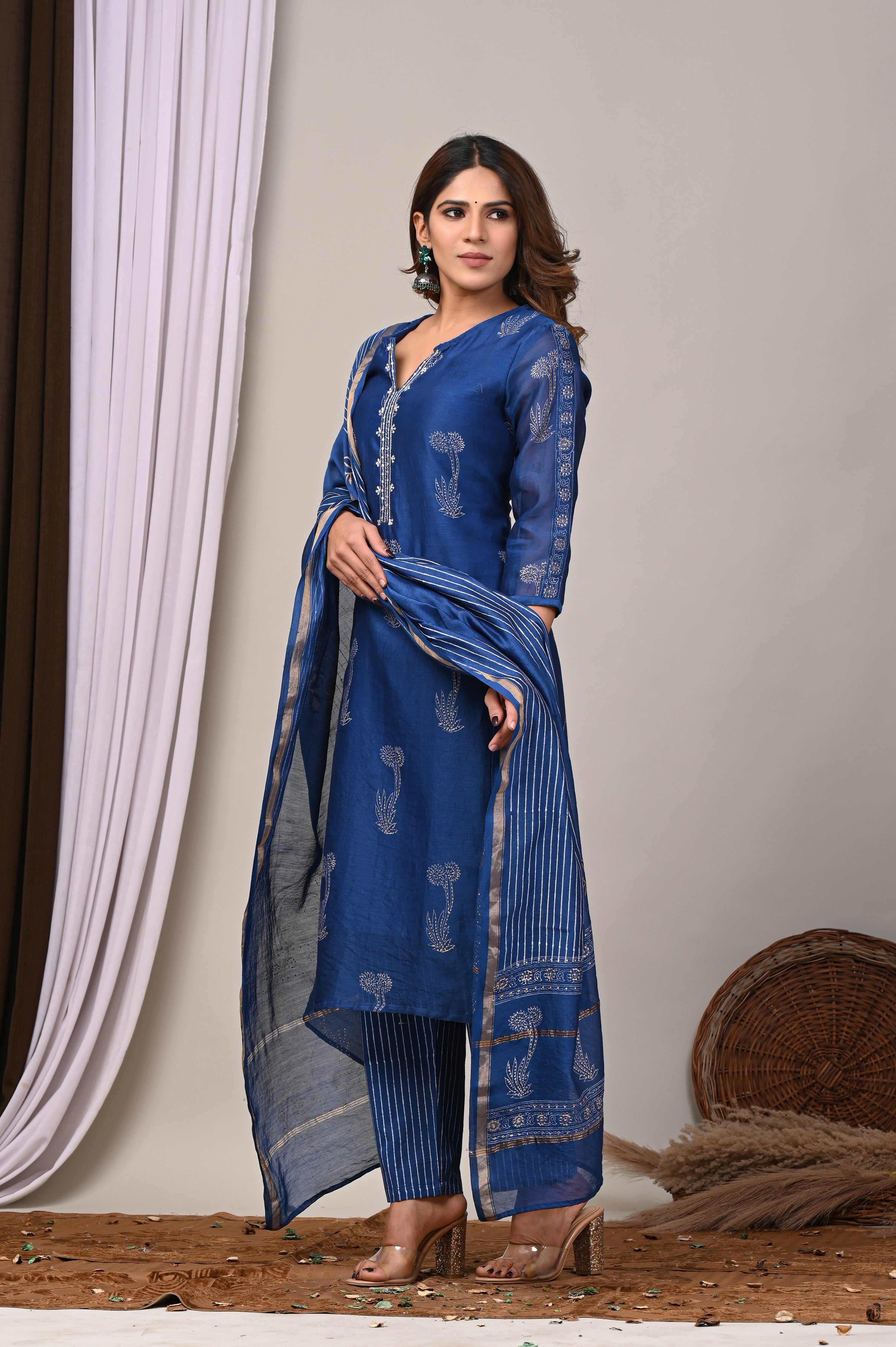 Midnight Indigo Handblock Chanderi Silk Suit Set
