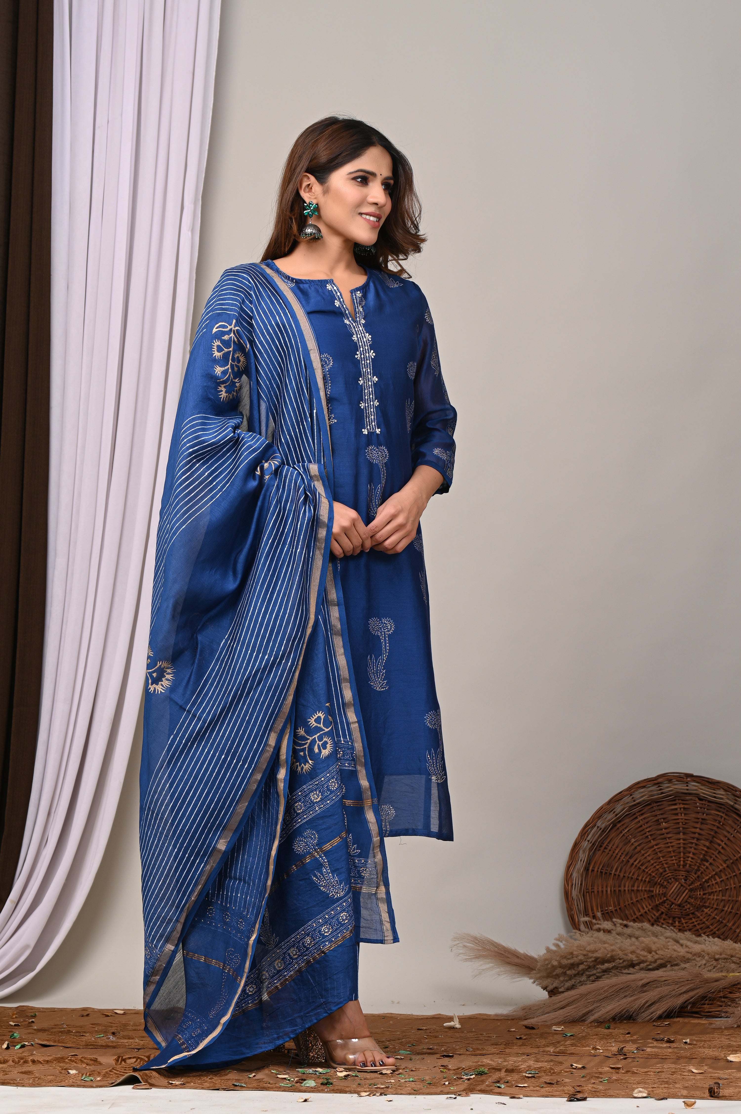 Midnight Indigo Handblock Chanderi Silk Suit Set