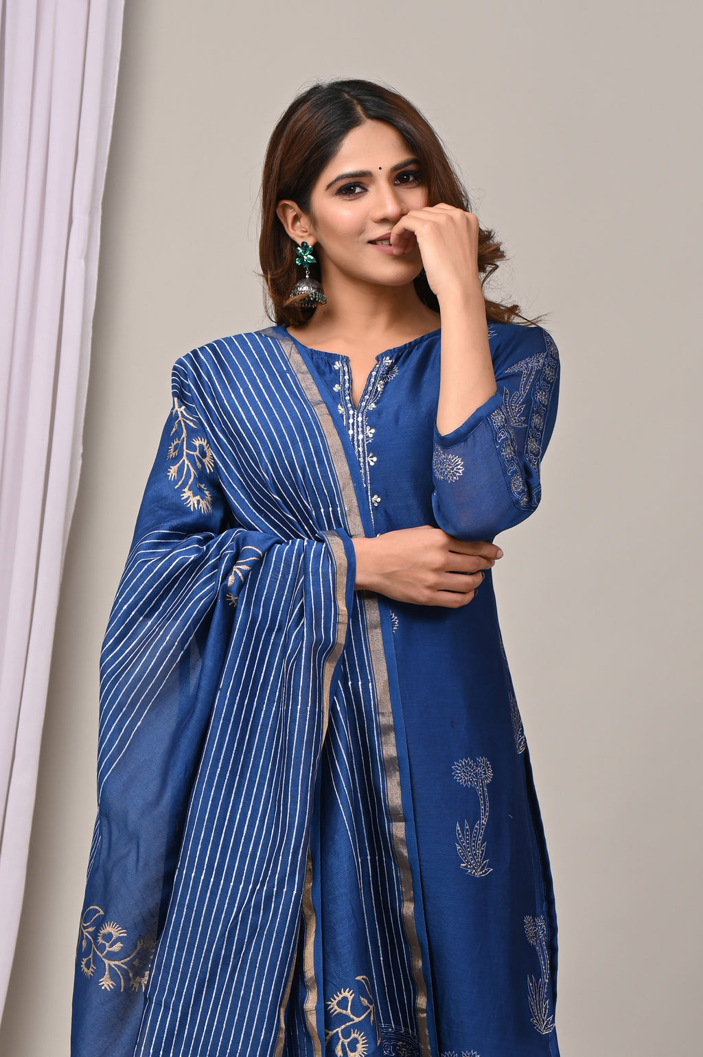 Midnight Indigo Handblock Chanderi Silk Suit Set