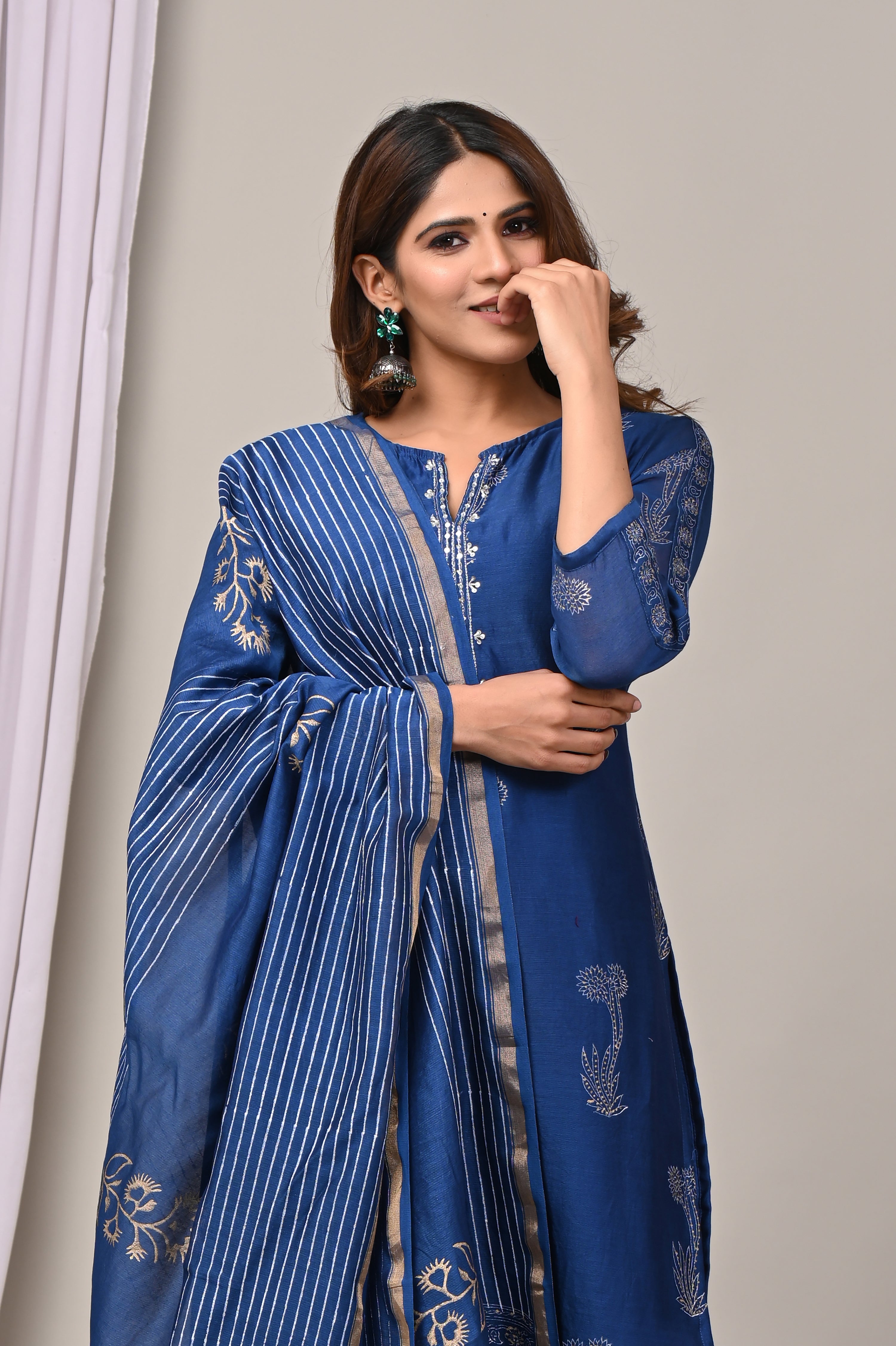 Midnight Indigo Handblock Chanderi Silk Suit Set