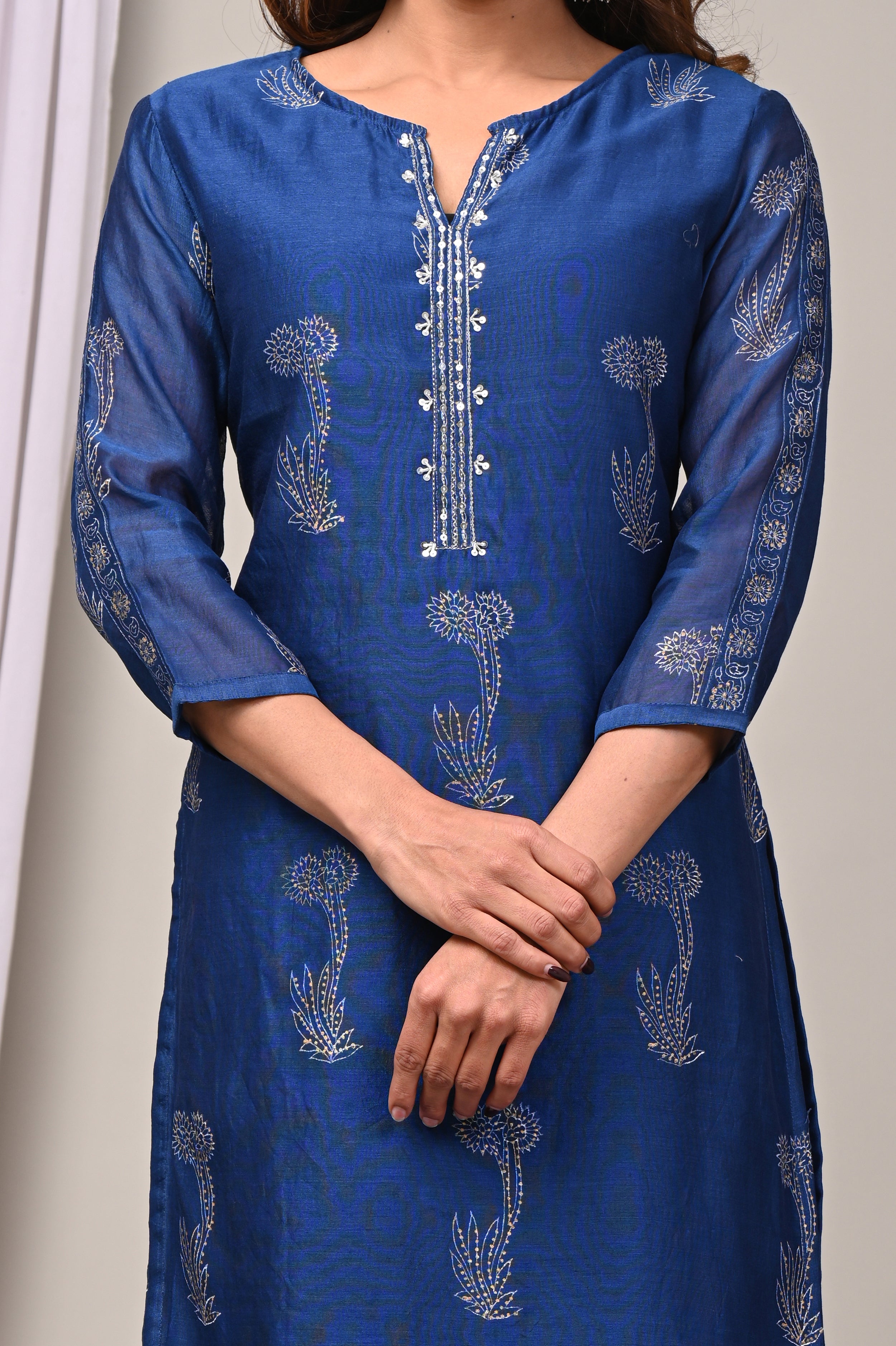 Midnight Indigo Handblock Chanderi Silk Suit Set