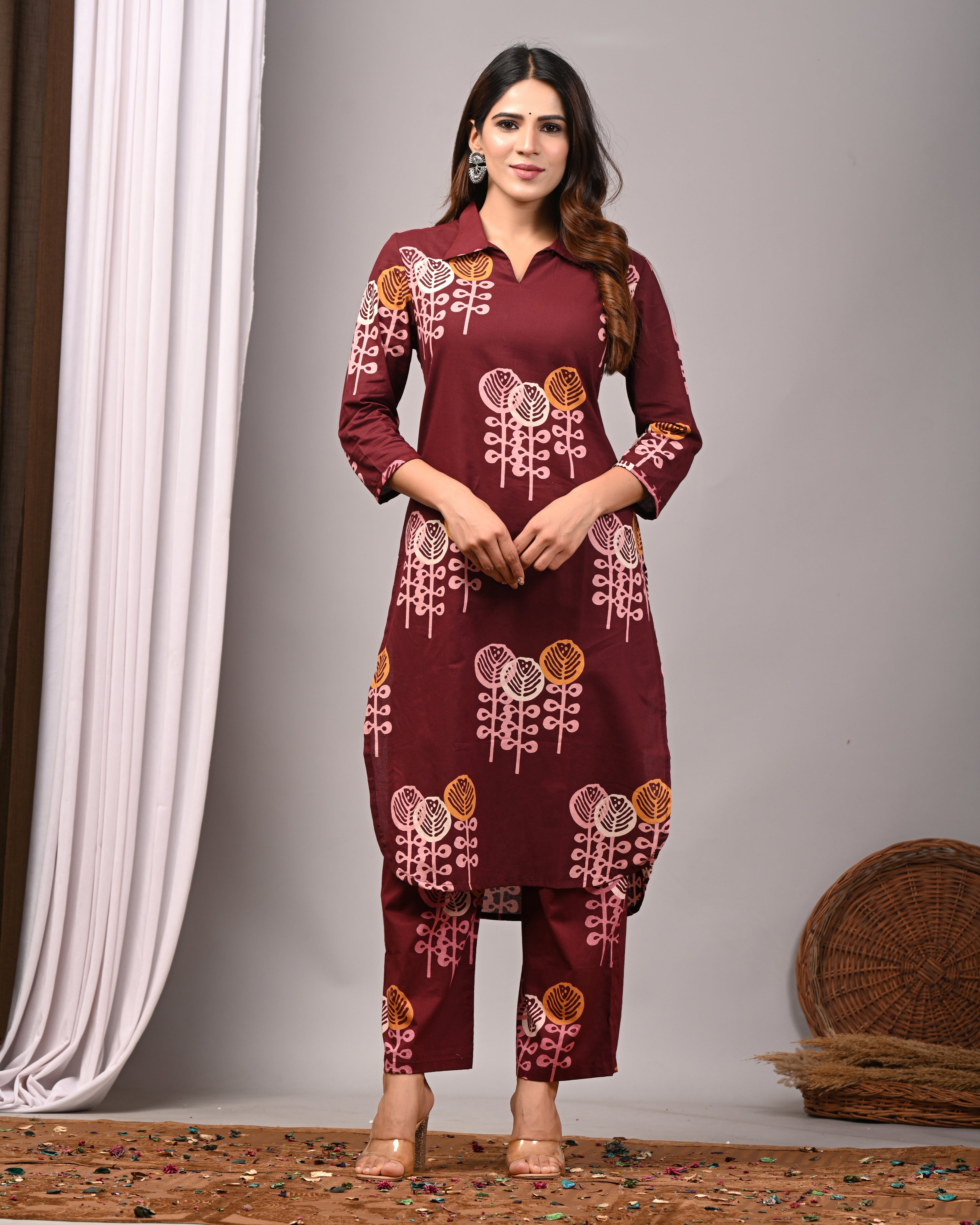 Bordeaux Rose Sanganeri Cotton Palazzo Set