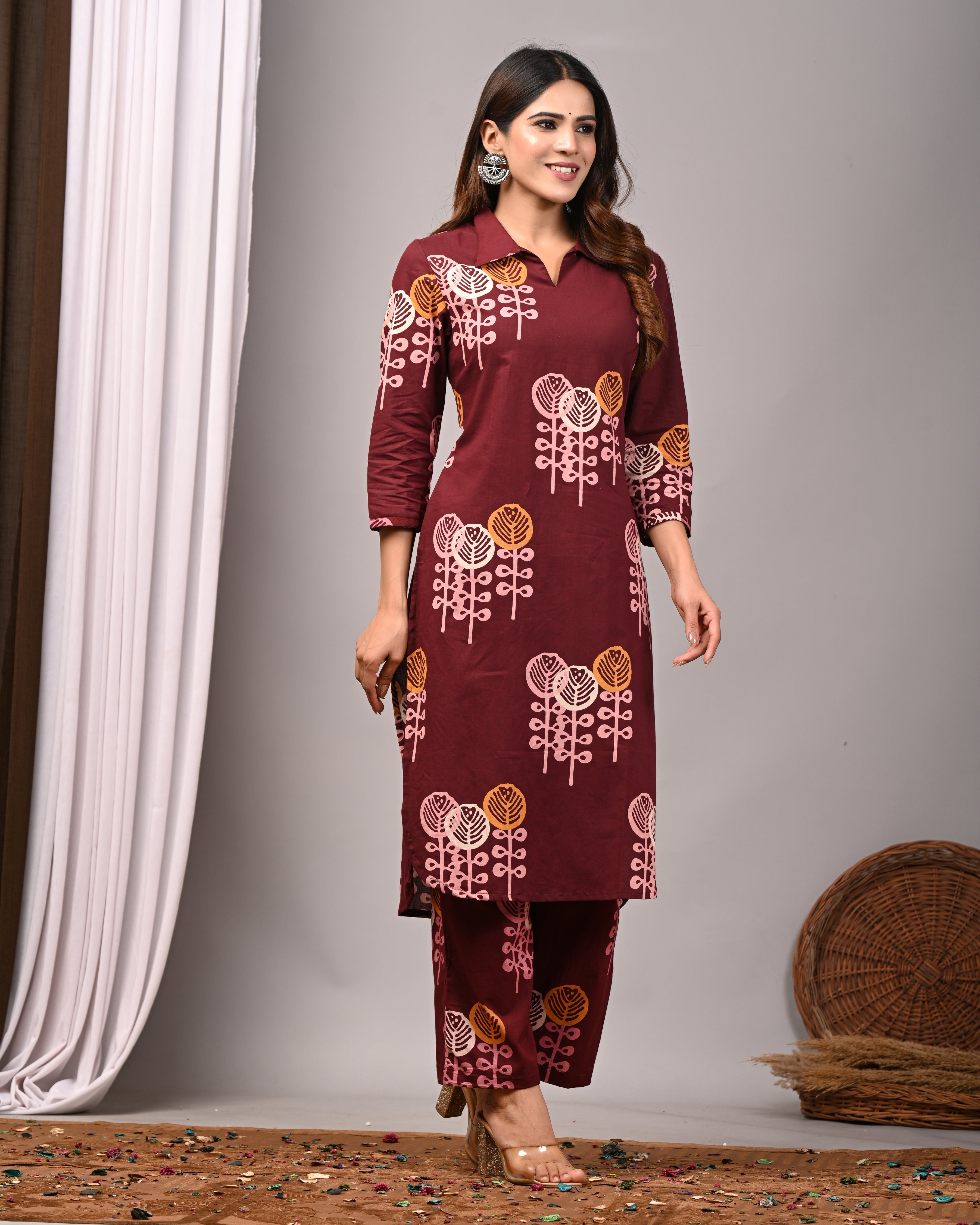 Bordeaux Rose Sanganeri Cotton Palazzo Set