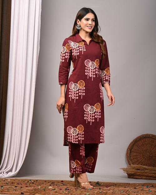 Bordeaux Rose Sanganeri Cotton Palazzo Set