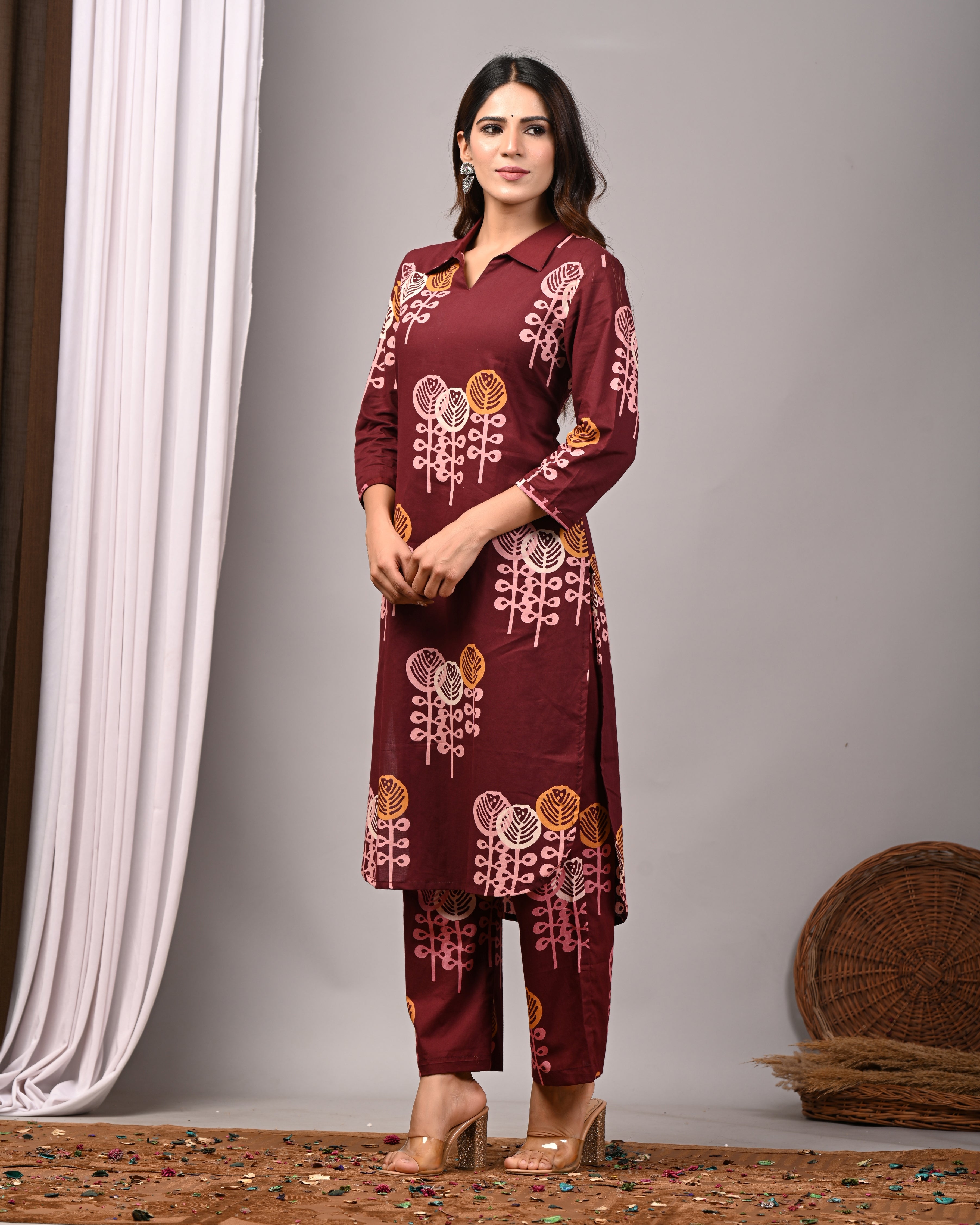 Bordeaux Rose Sanganeri Cotton Palazzo Set