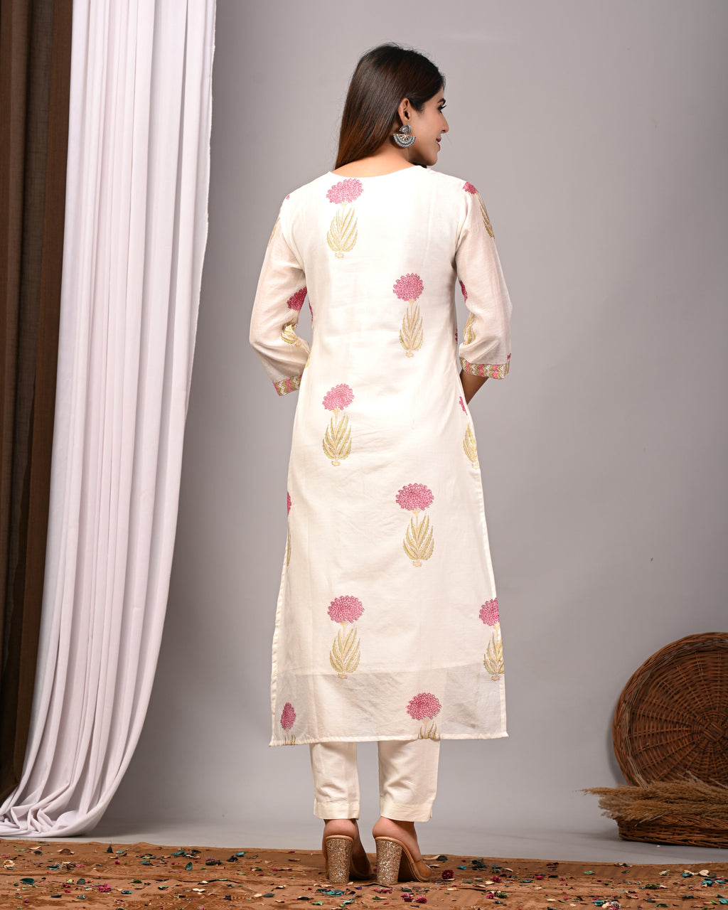 Ivory Blossom Boota Handblock Chanderi Silk Suit Set