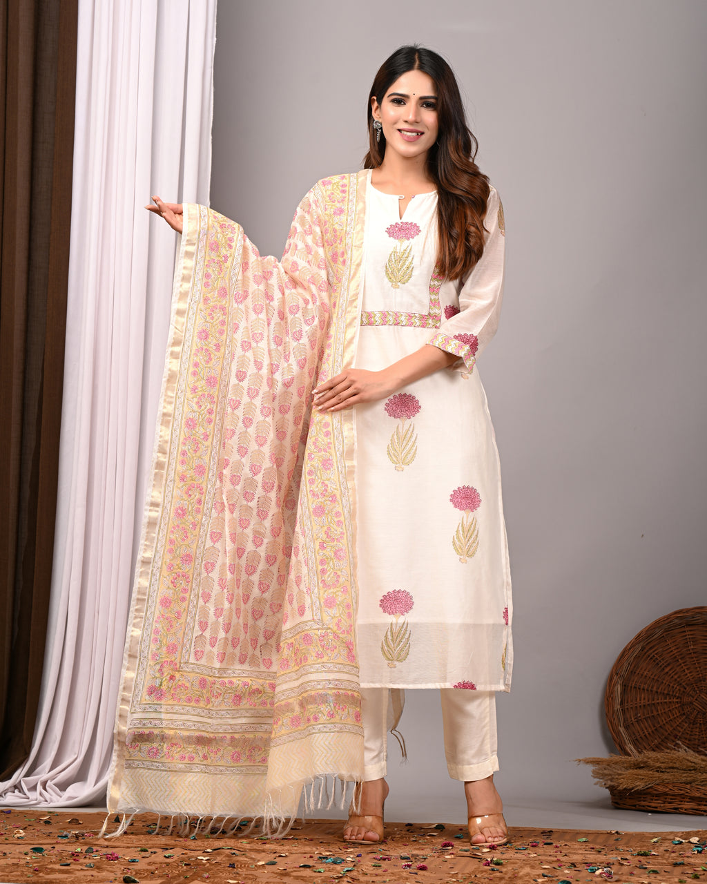Ivory Blossom Boota Handblock Chanderi Silk Suit Set